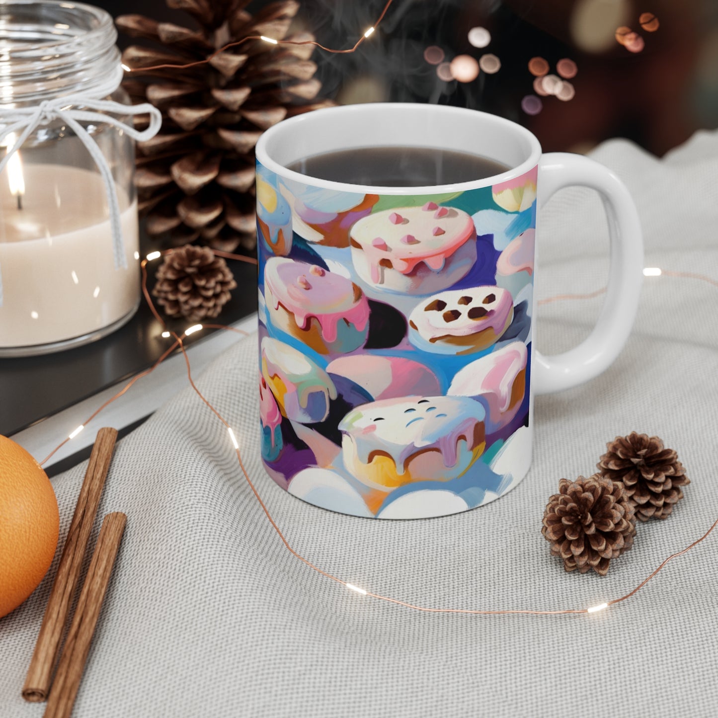 Donut Delight Ceramic Mug — Colorful Iced Donuts Pattern 11oz