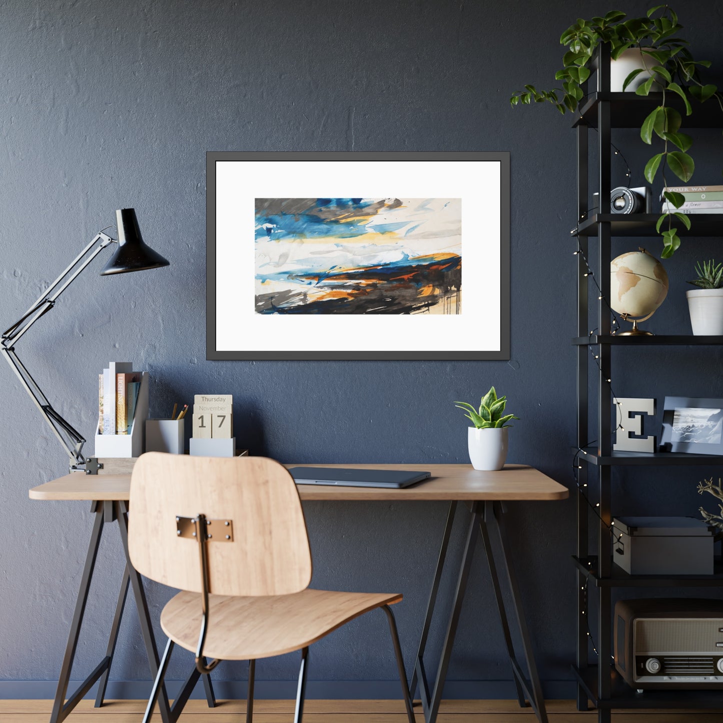 Framed Abstract Poster — Blue & Gold Coastal Abstract Art Print