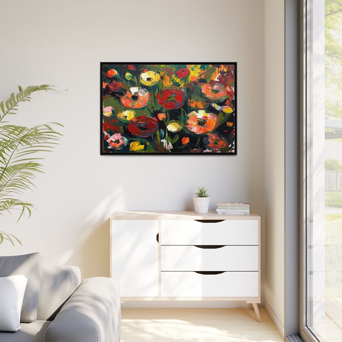 Framed Floral Canvas Print — Vibrant Abstract Poppies Wall Art