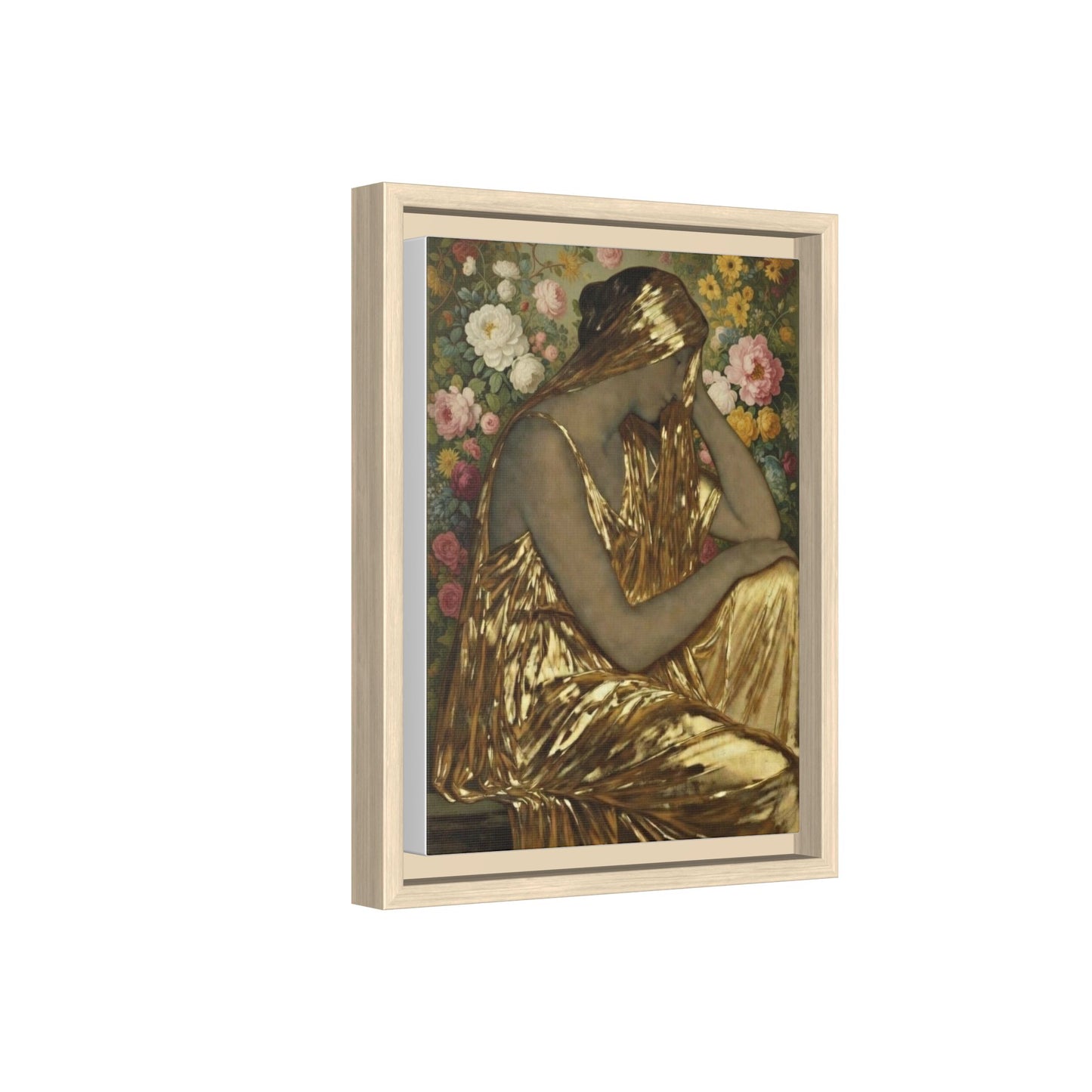 Framed Canvas Art Print — Golden Muse Woman with Floral Background