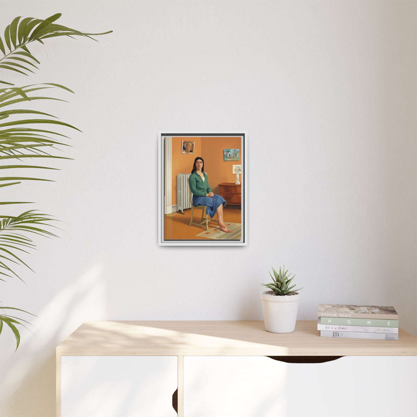Framed Matte Canvas Print — Woman Seated in Warm Interior (Midcentury Portrait)
