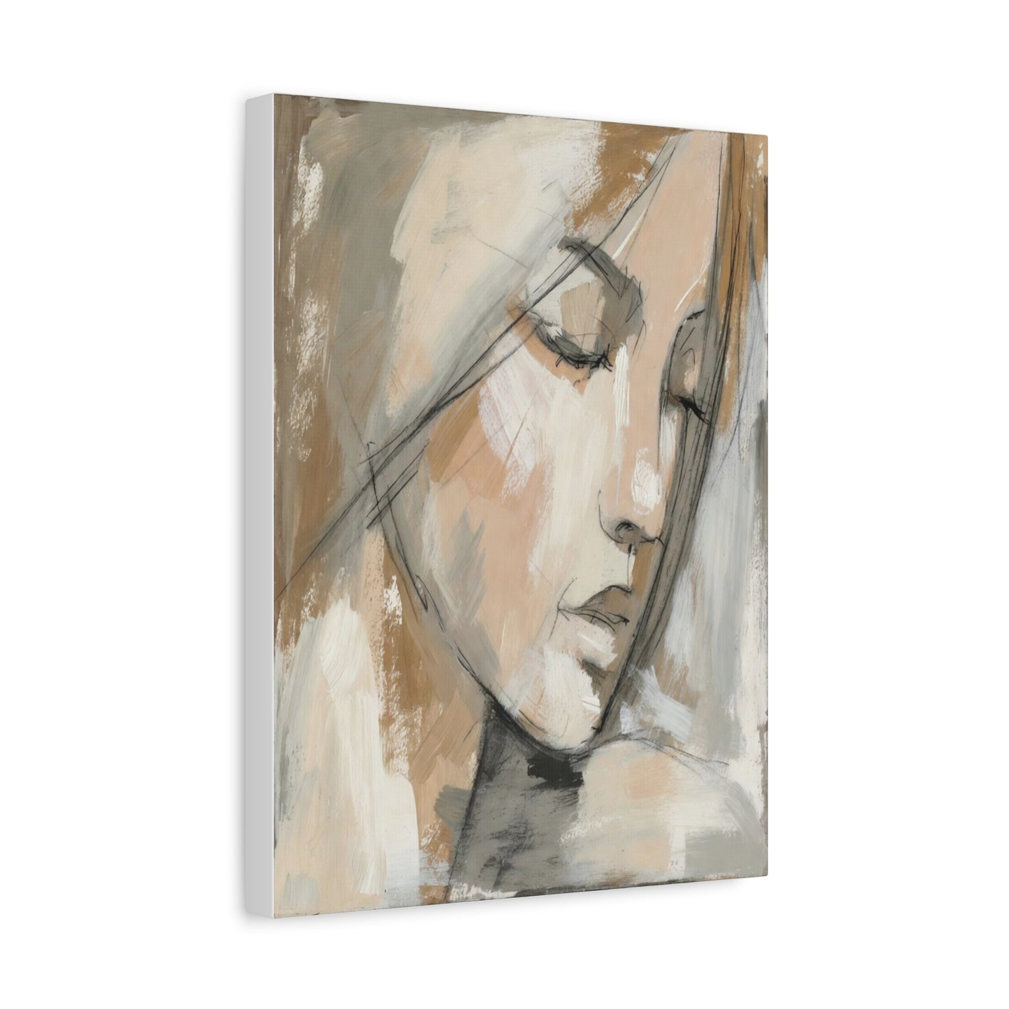 Serene Woman Portrait Matte Canvas Wall Art — Neutral Abstract Face Painting