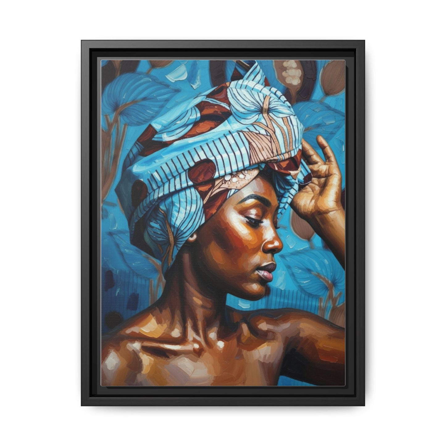 Framed Canvas Art — Portrait of Woman in Blue Headwrap