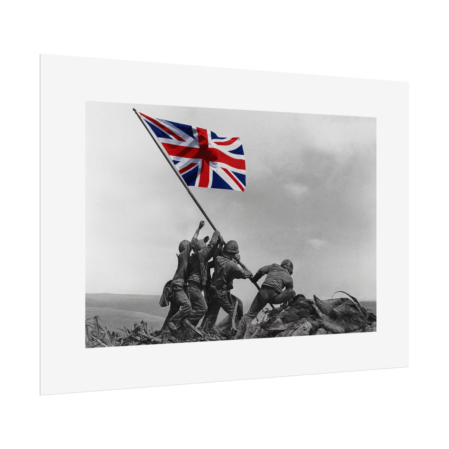 Raising the Union Jack by Unknown attributed to Joe Rosenthal Wall Art Print