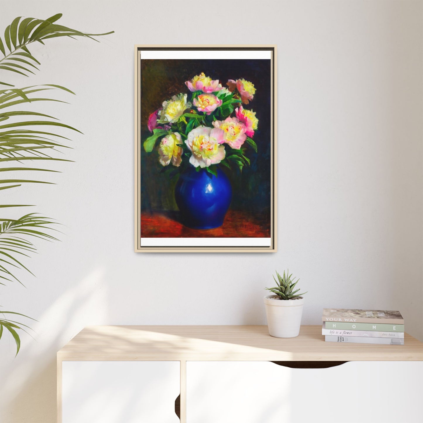 Framed Matte Canvas Wall Art — Vintage Floral Bouquet in Blue Vase