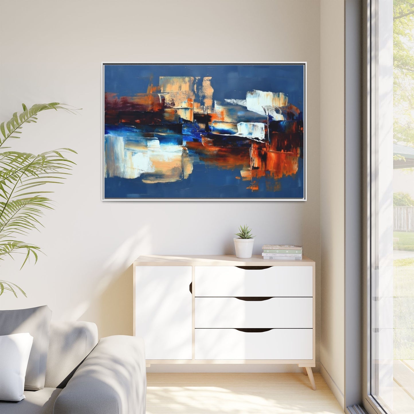 Abstract Blue & Rust Framed Canvas Art — Modern Matte Wall Painting