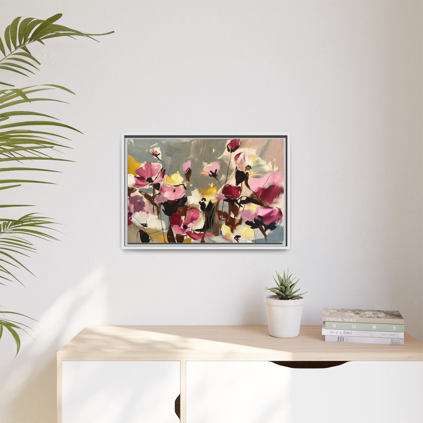 Framed Floral Canvas Wall Art — Abstract Pink & Yellow Flowers