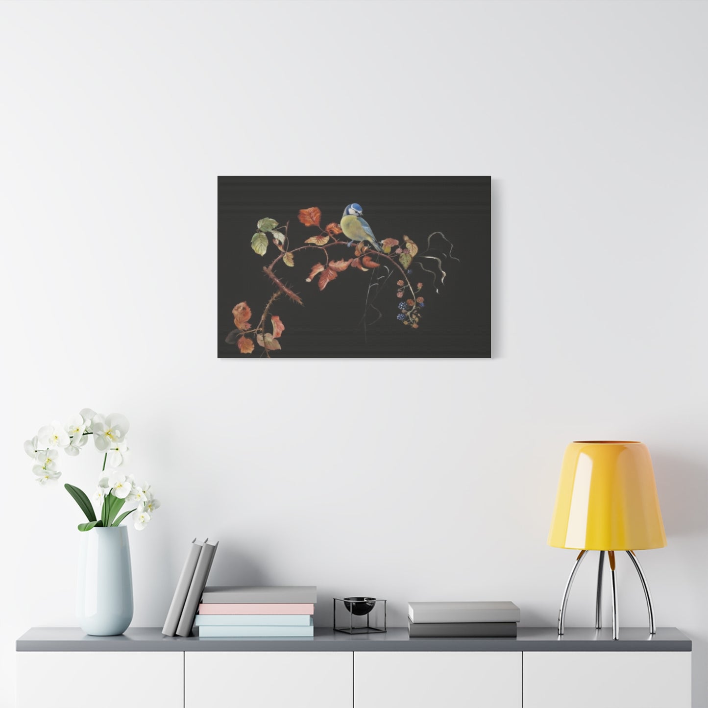 Canvas Wall Art - Blue Tit on Autumn Branch, Stretched Matte Canvas
