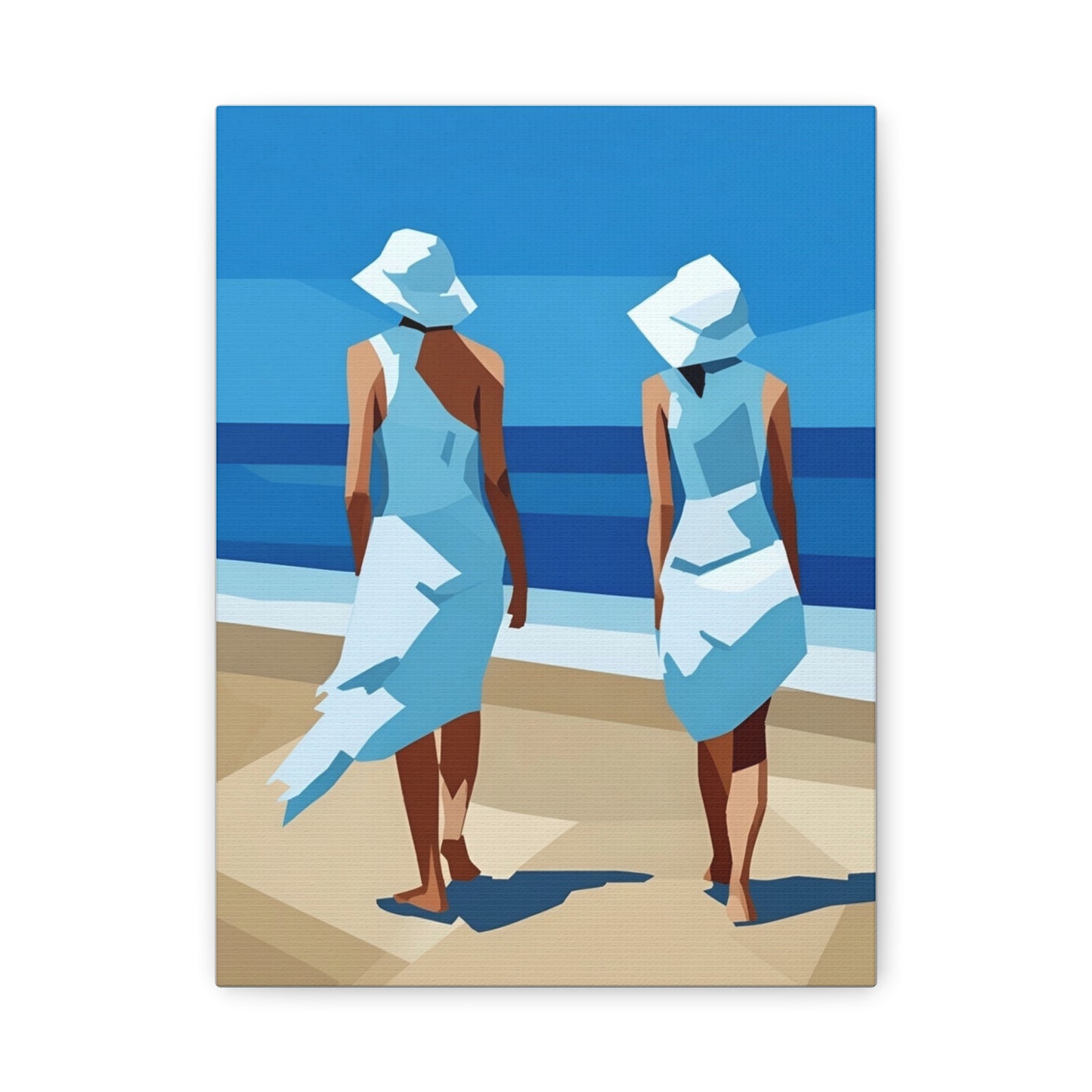Beach Stroll Canvas Print — Two Women in Blue Sun Hats Matte Stretched