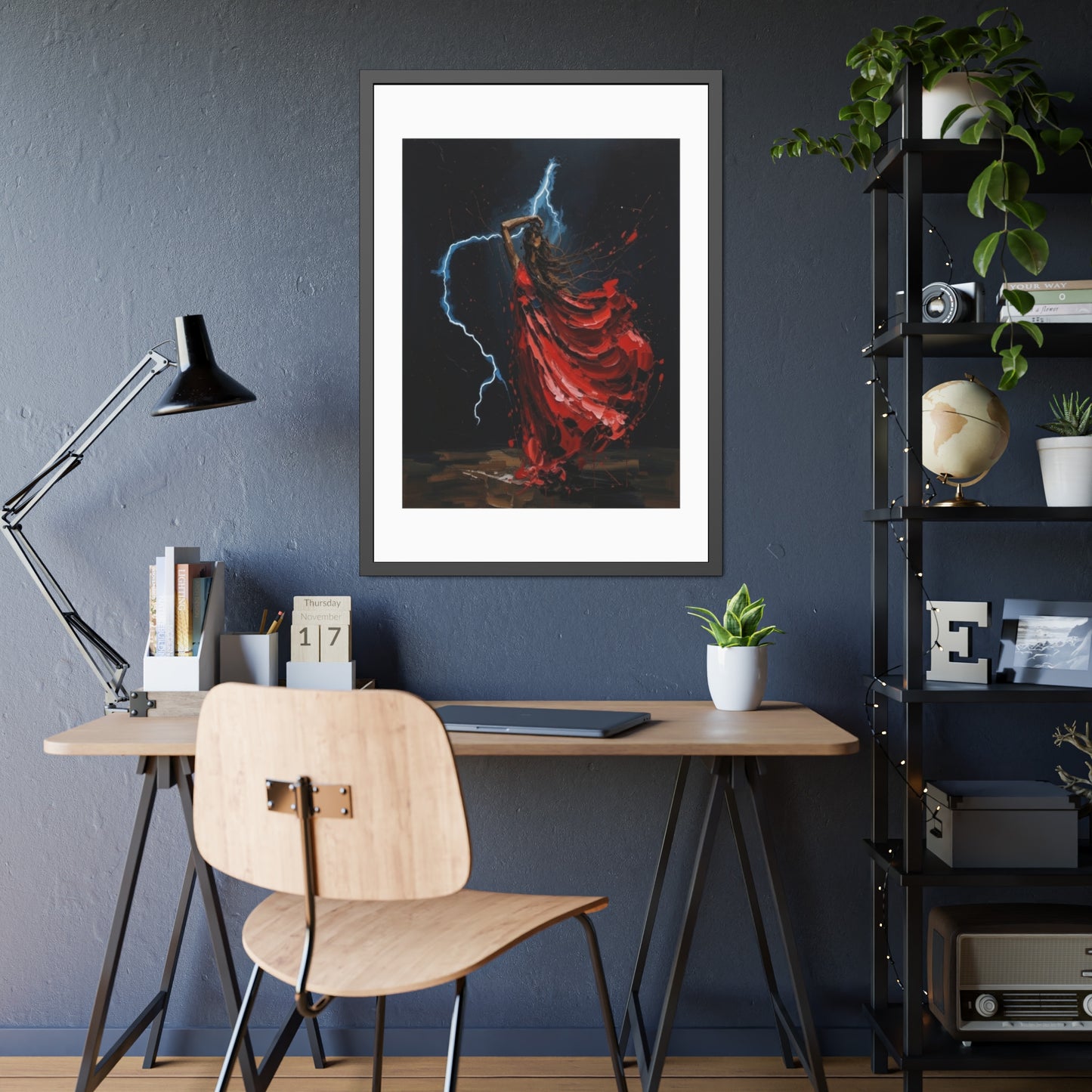 Framed Poster — Red-Dressed Dancer with Lightning Art Print