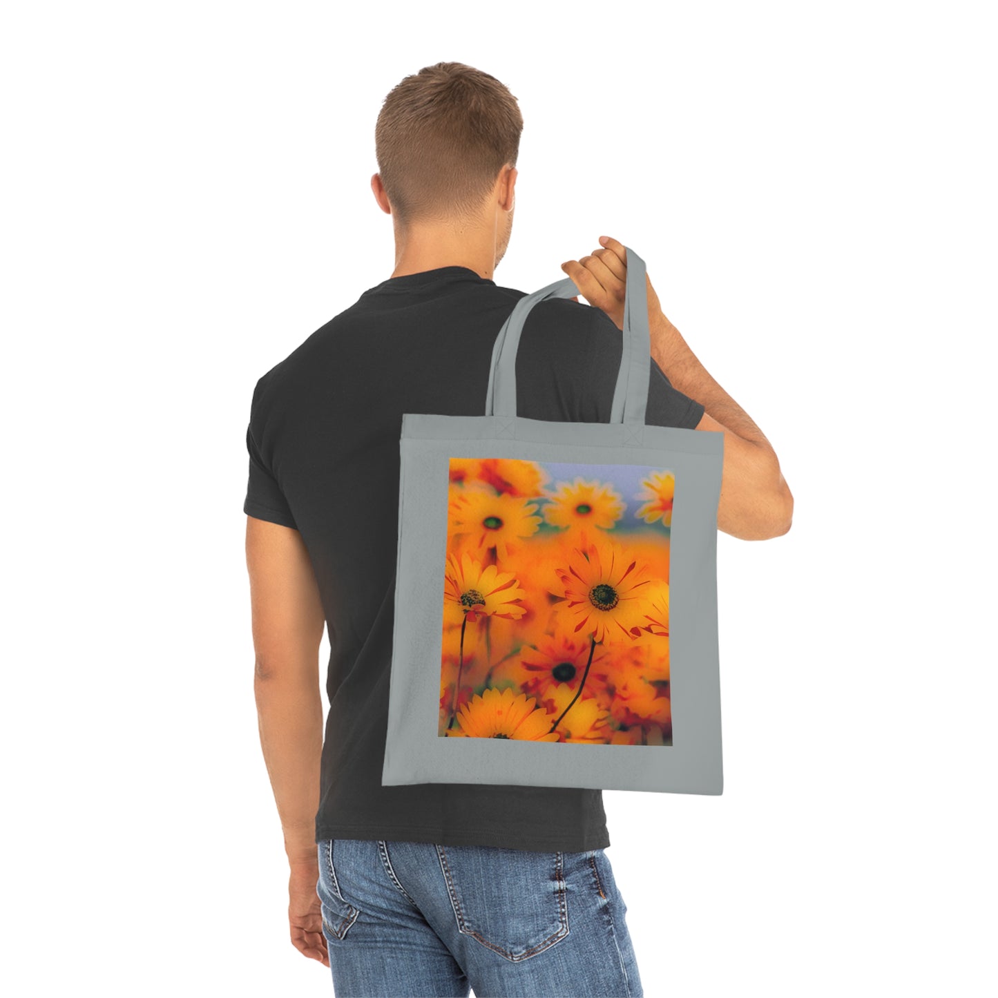 Floral Sunburst Cotton Tote — Bright Orange Daisy Print