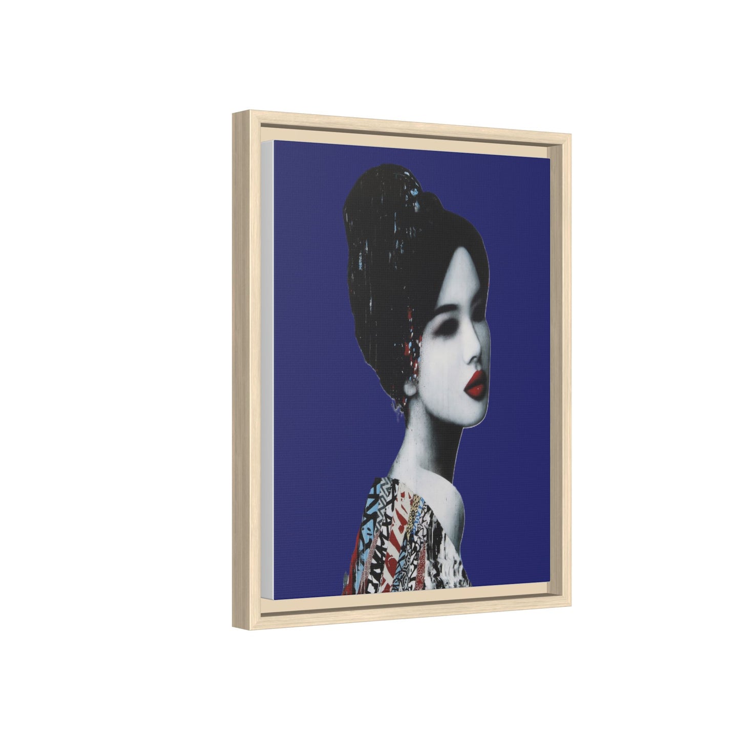 Framed Matte Canvas Art — Elegant Geisha Portrait on Deep Blue