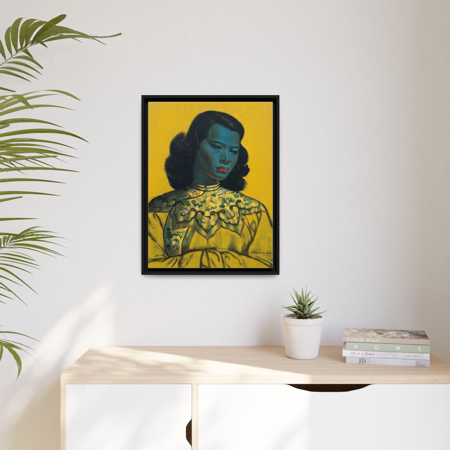 Framed Matte Canvas Art Print — Vintage Portrait with Yellow Background