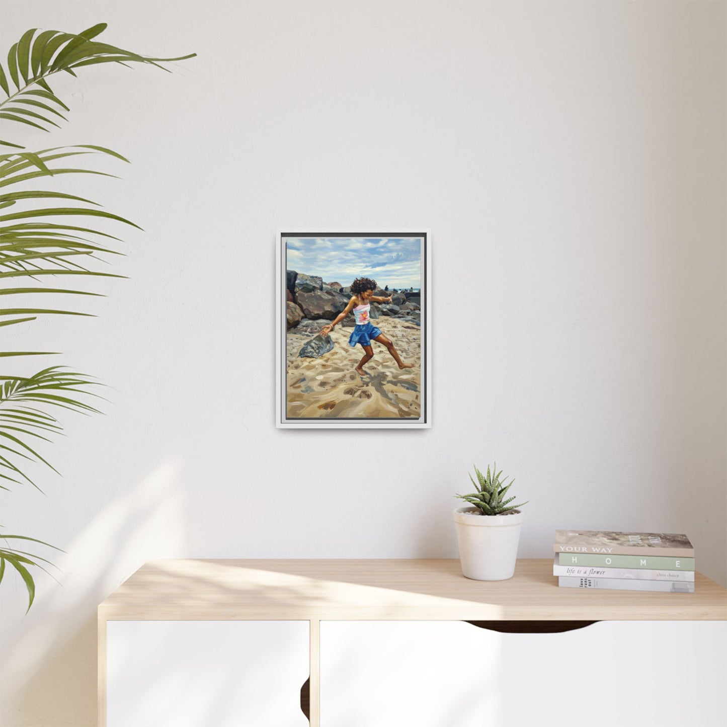 Framed Canvas Art - Girl Dancing on the Beach (Matte Multi-Color)