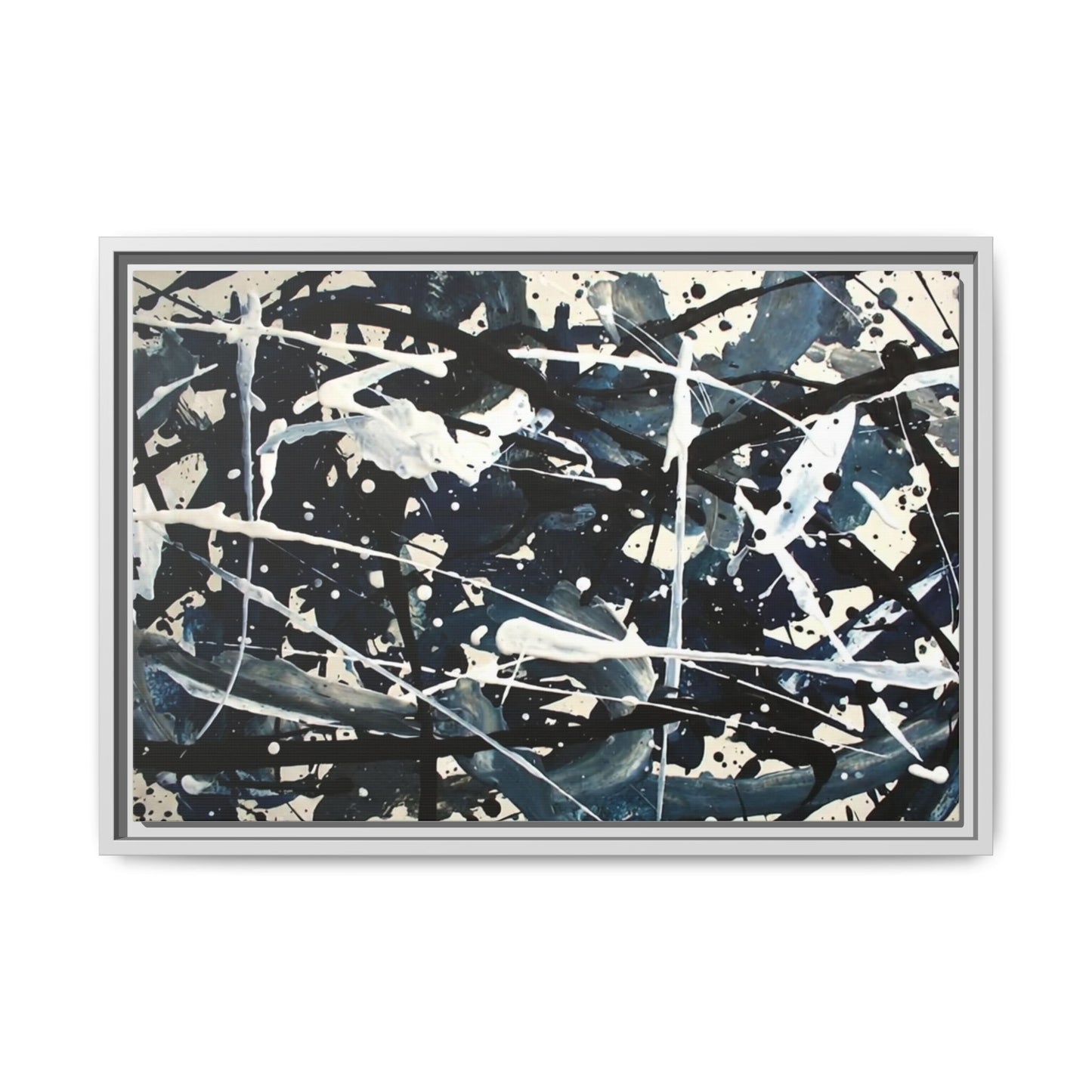 Abstract Splatter Matte Canvas Framed Wall Art — Black & Blue Modern Art Print