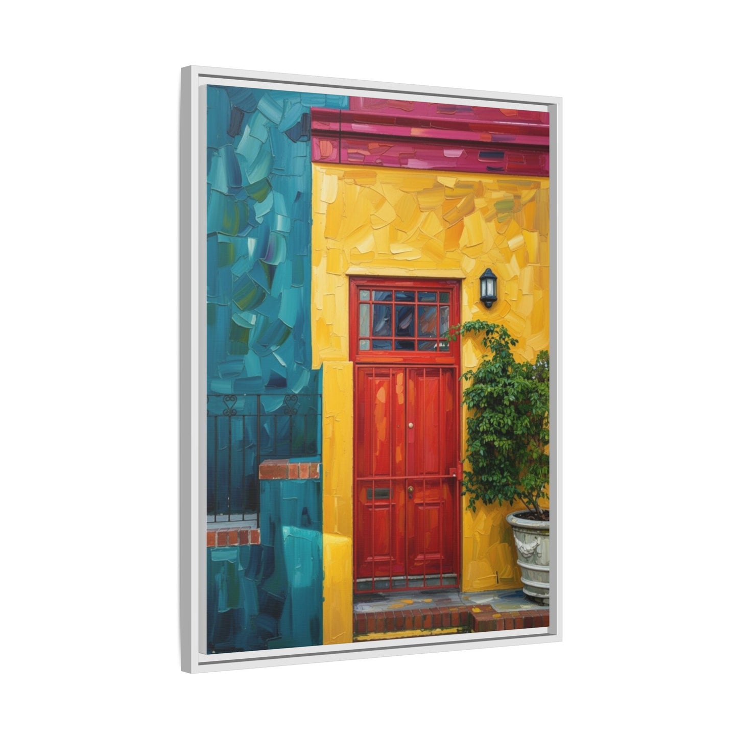 Framed Matte Canvas Wall Art — Colorful Red Door on Yellow Facade
