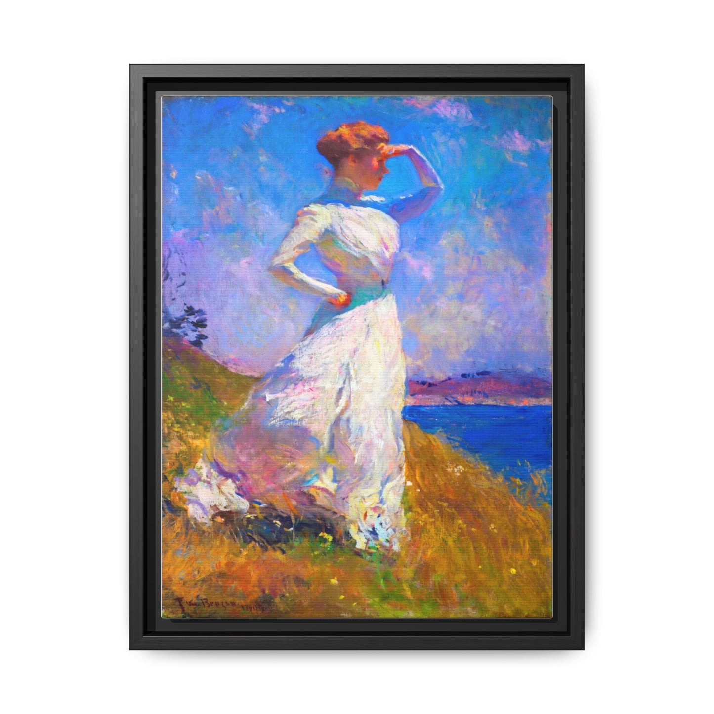 Framed Matte Canvas Art - Woman in White Seaside Impressionist Print