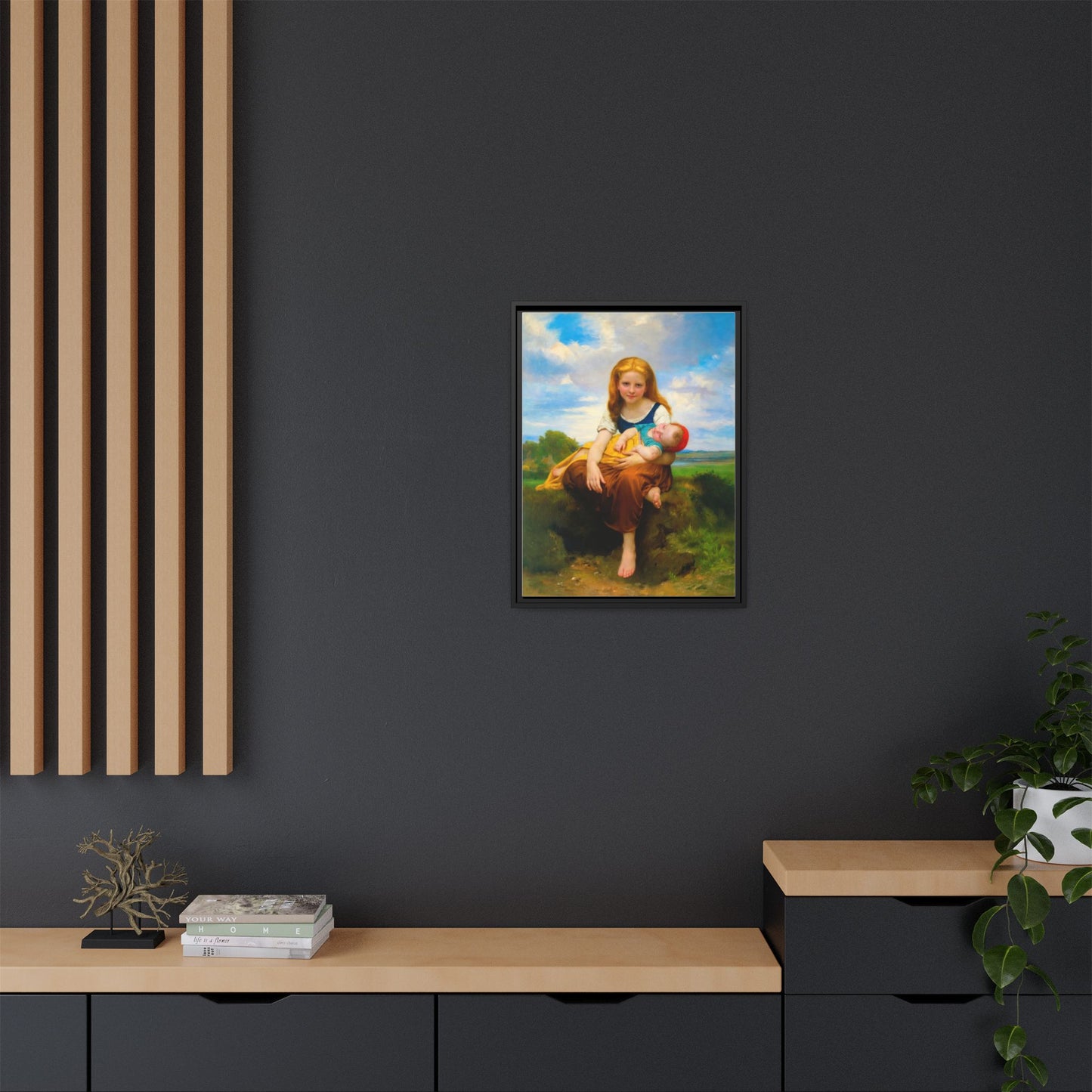 Young Girl Holding Sleeping Baby Canvas Print, Framed Wall Art