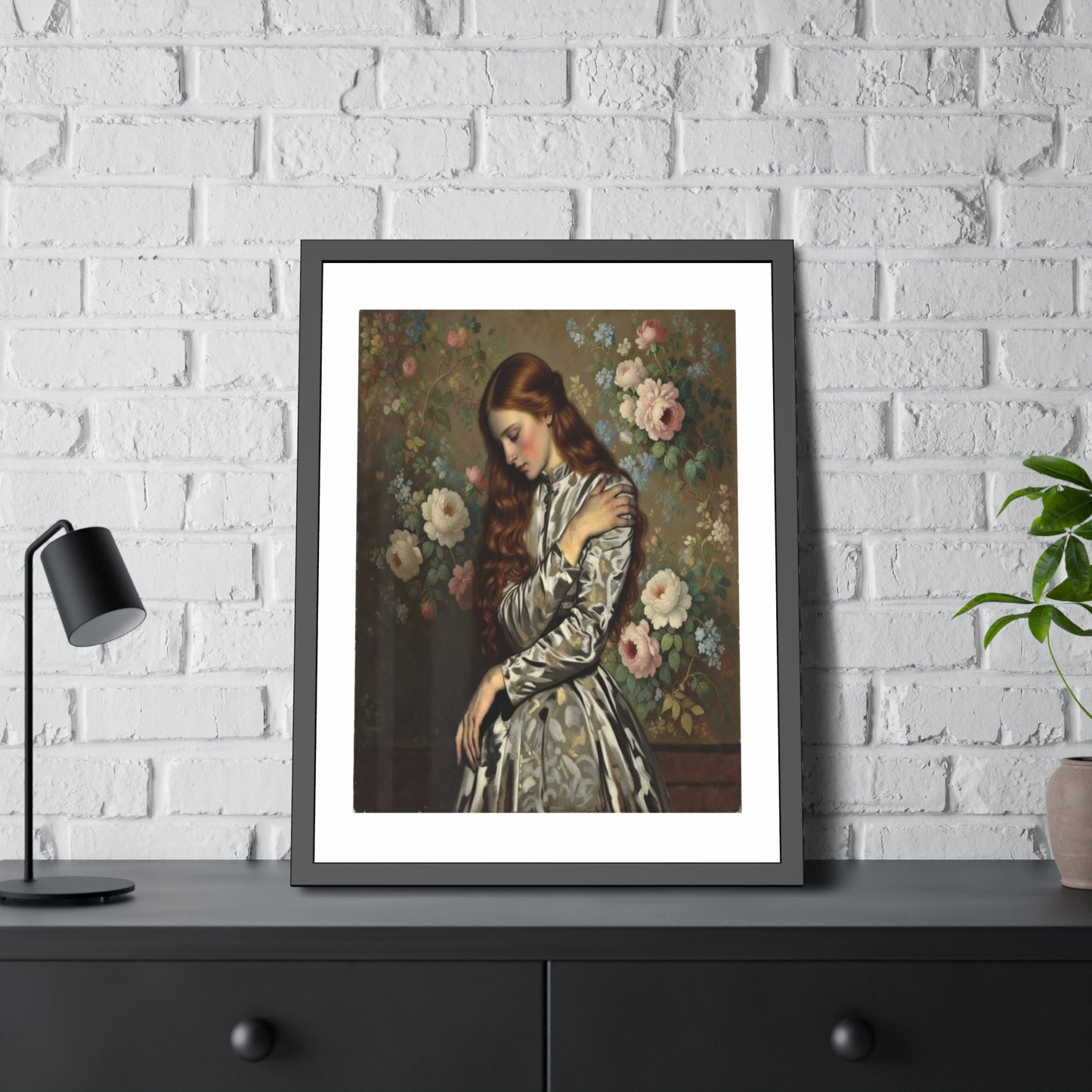 Framed Art Print — Vintage Portrait with Floral Background
