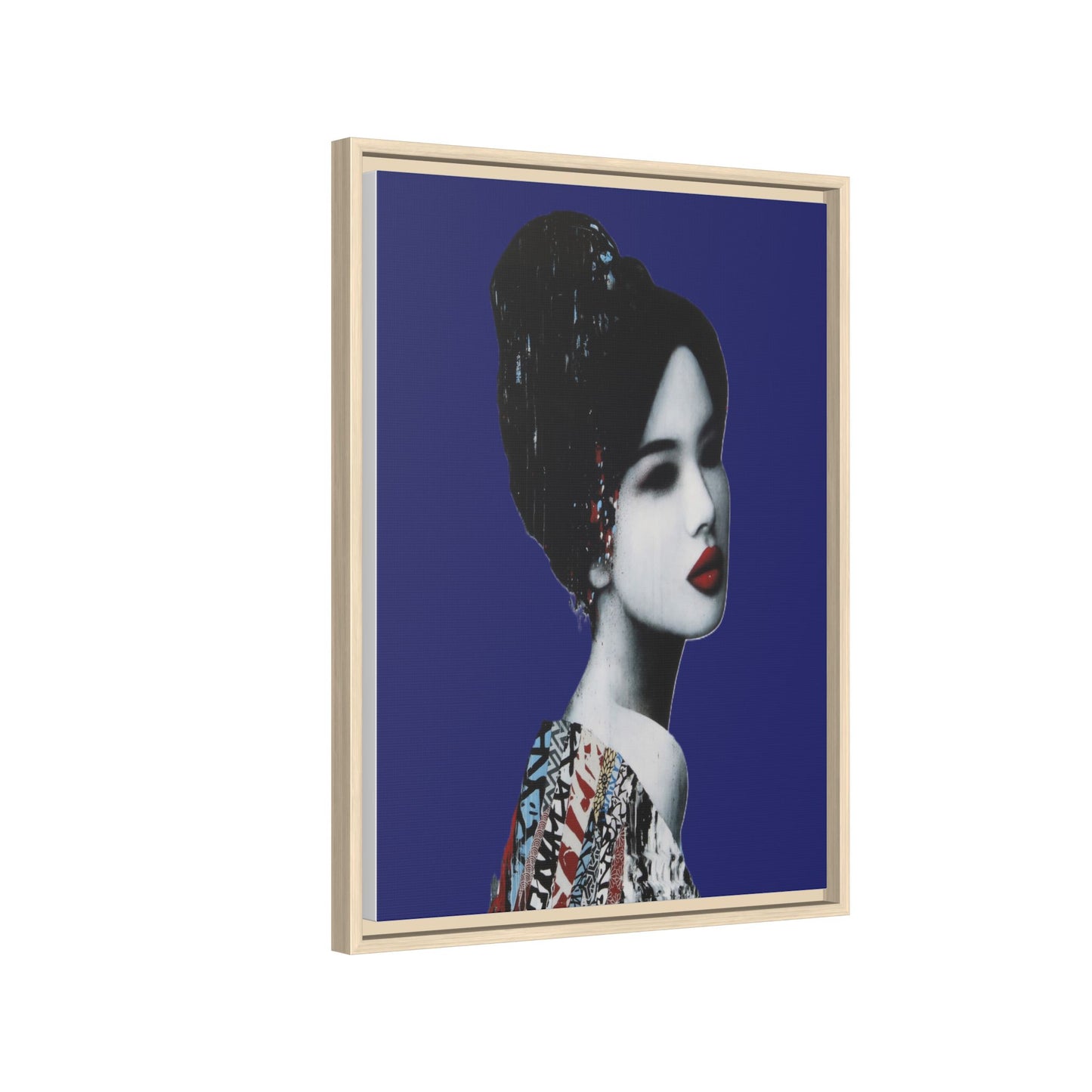 Framed Matte Canvas Art — Elegant Geisha Portrait on Deep Blue