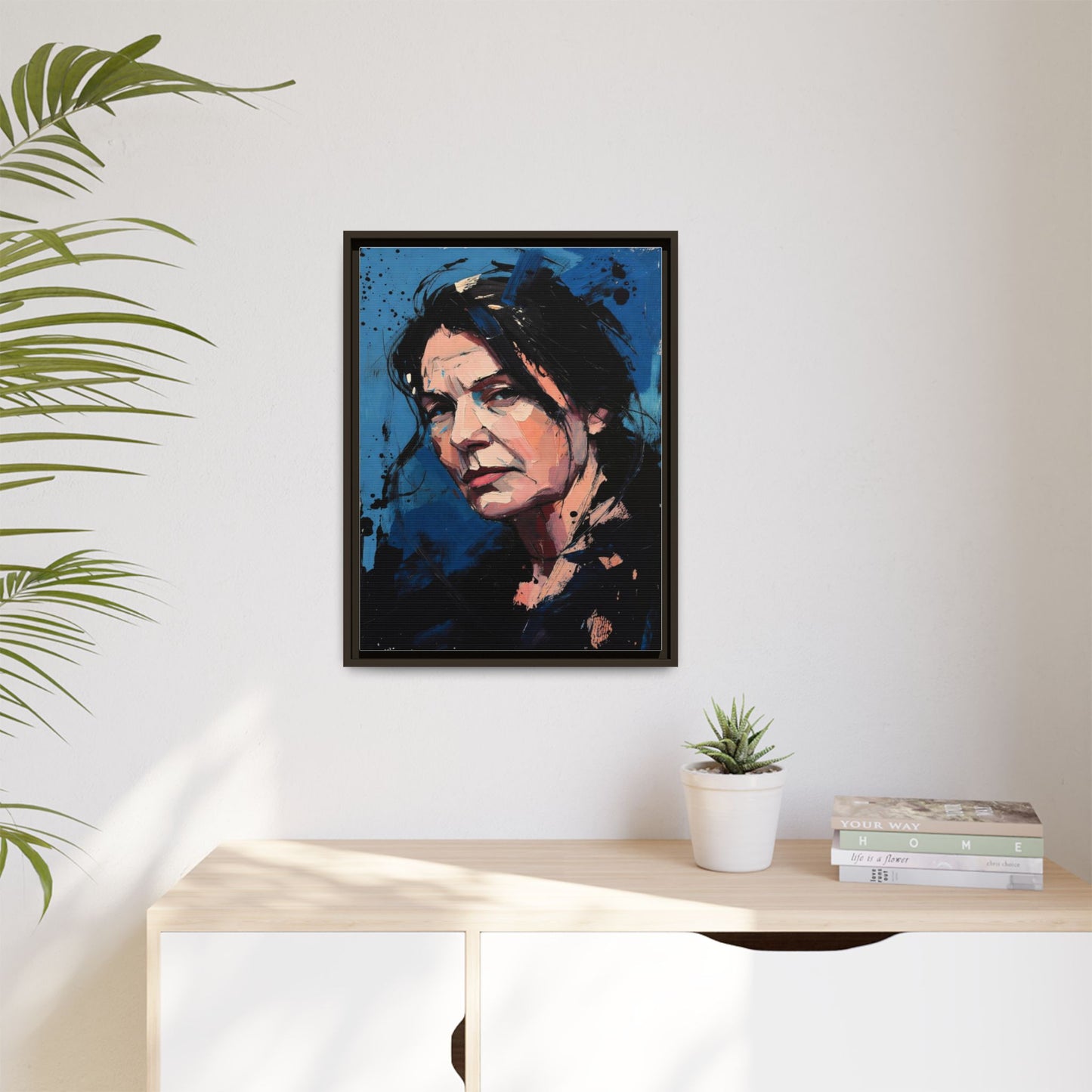 Framed Matte Canvas Portrait — Expressive Blue Painterly Woman Art