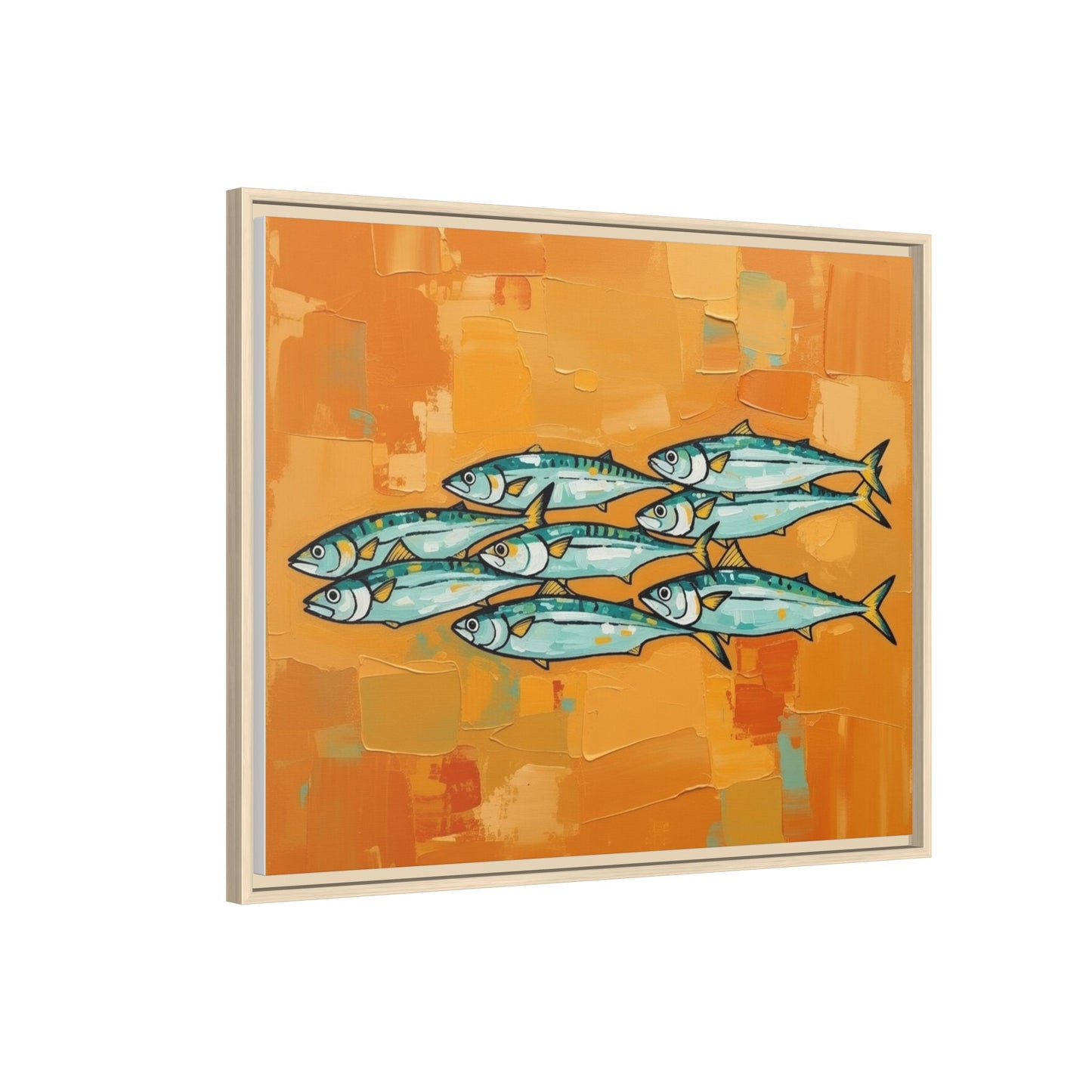 Framed Matte Canvas Print — School of Blue Fish on Orange Abstract Background