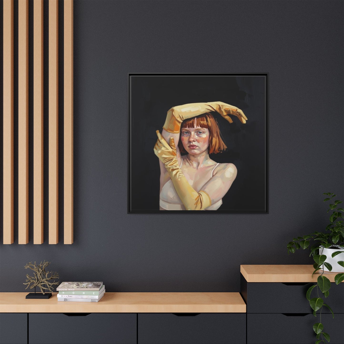 Framed Matte Canvas Art – Portrait of Woman in Yellow Gloves