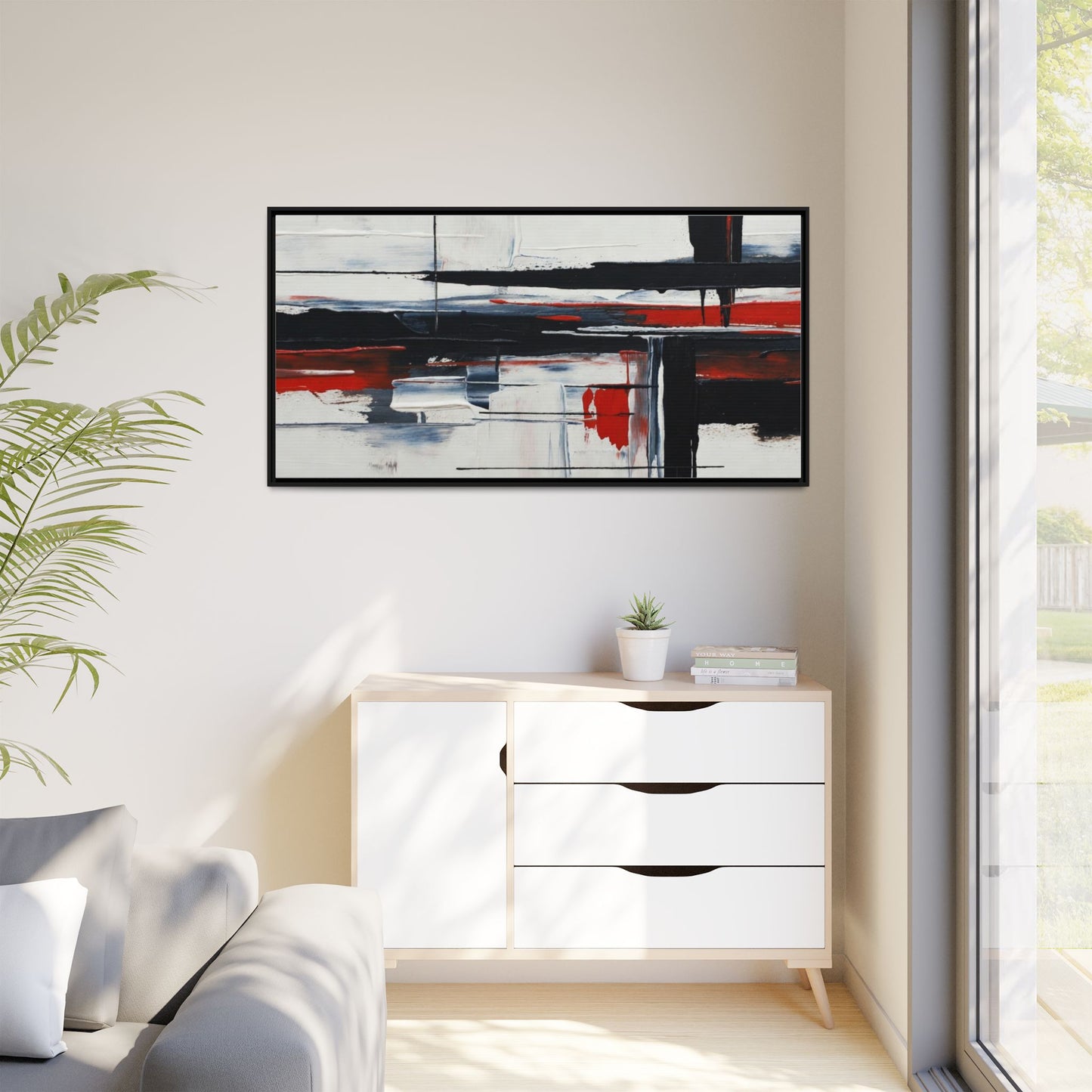 Abstract Red & Black Framed Canvas Art — Modern Matte Wall Painting