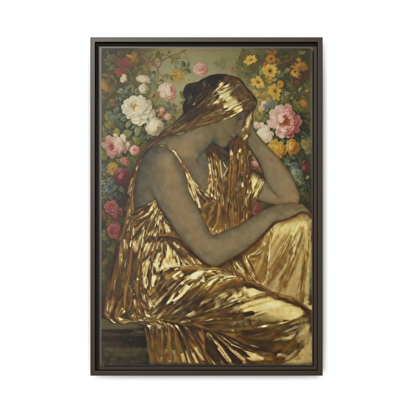 Framed Canvas Art Print — Golden Muse Woman with Floral Background