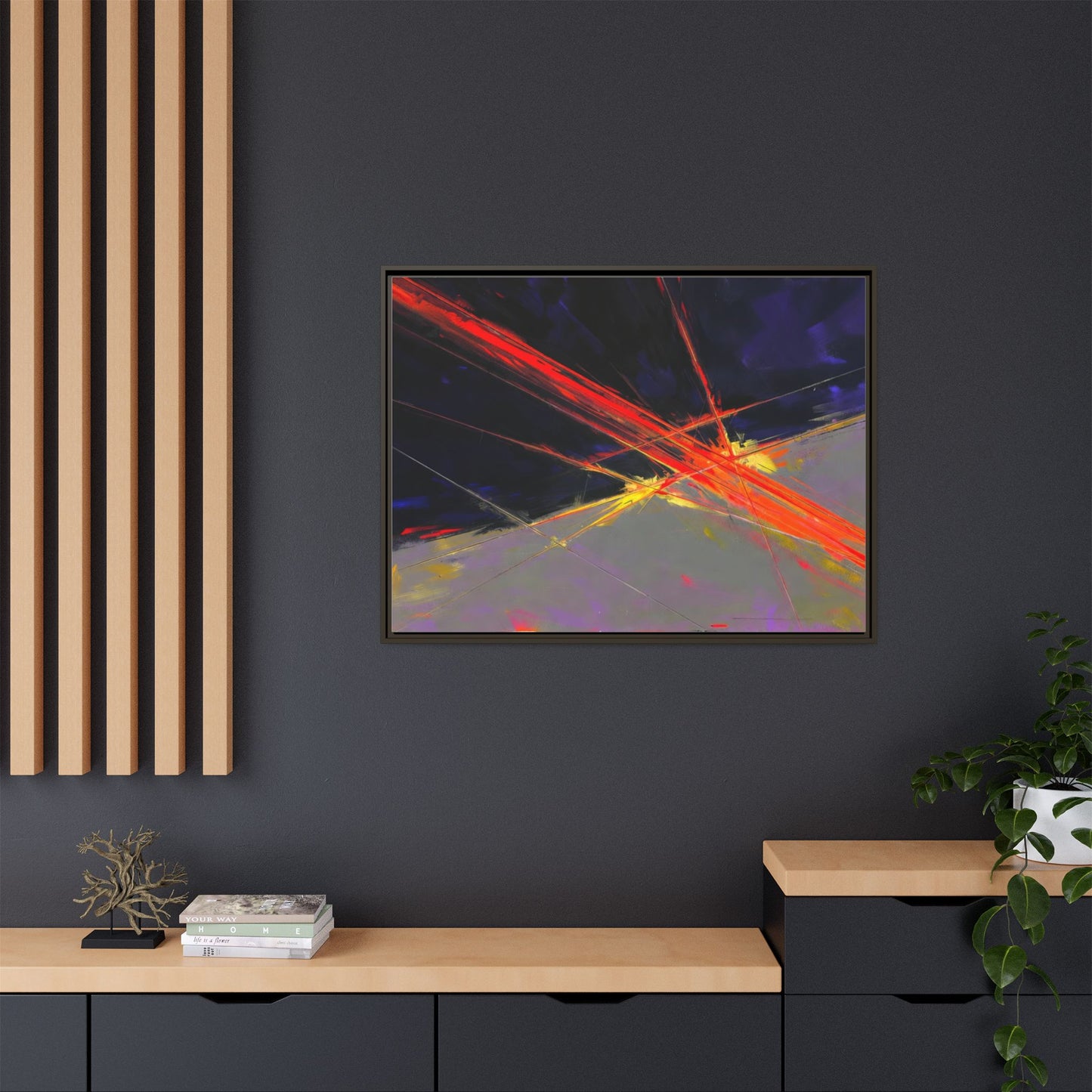 Abstract Red Streaks Framed Matte Canvas Art — Modern Multi‑Color Wall Decor