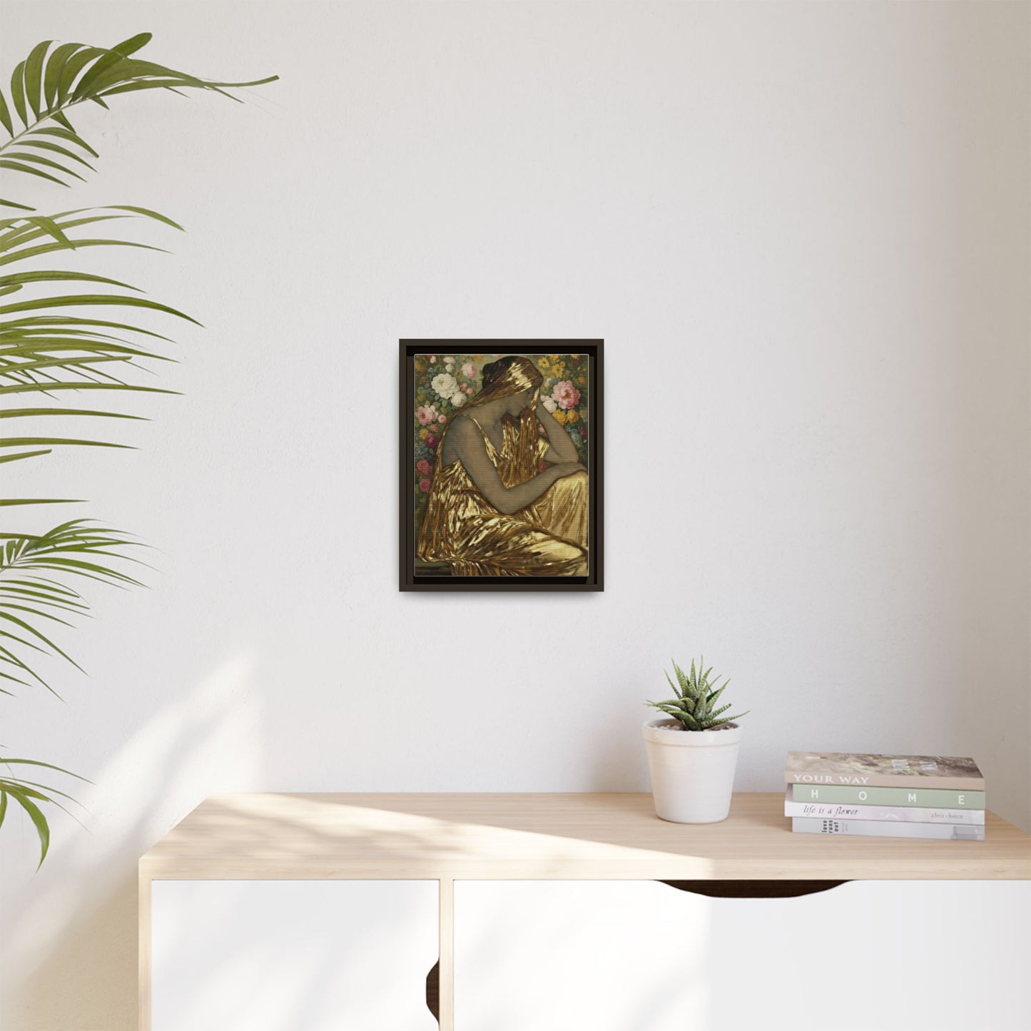 Framed Canvas Art Print — Golden Muse Woman with Floral Background