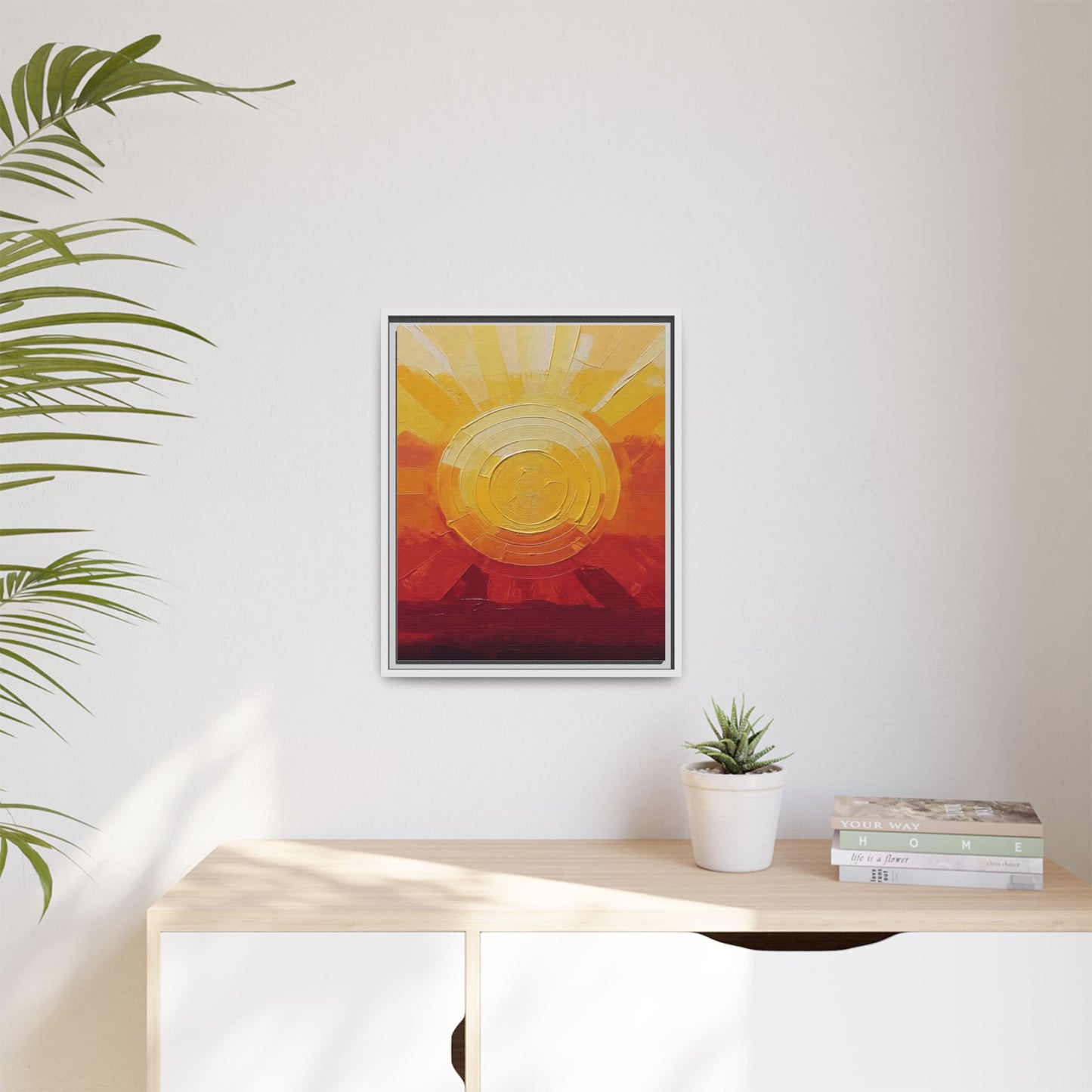 Sunburst Abstract Framed Canvas Art — Matte Multi‑Color Wall Print