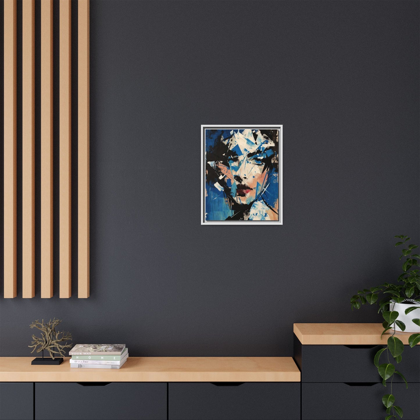 Abstract Portrait Matte Canvas Framed Wall Art — Blue Mixed-Media Face Print