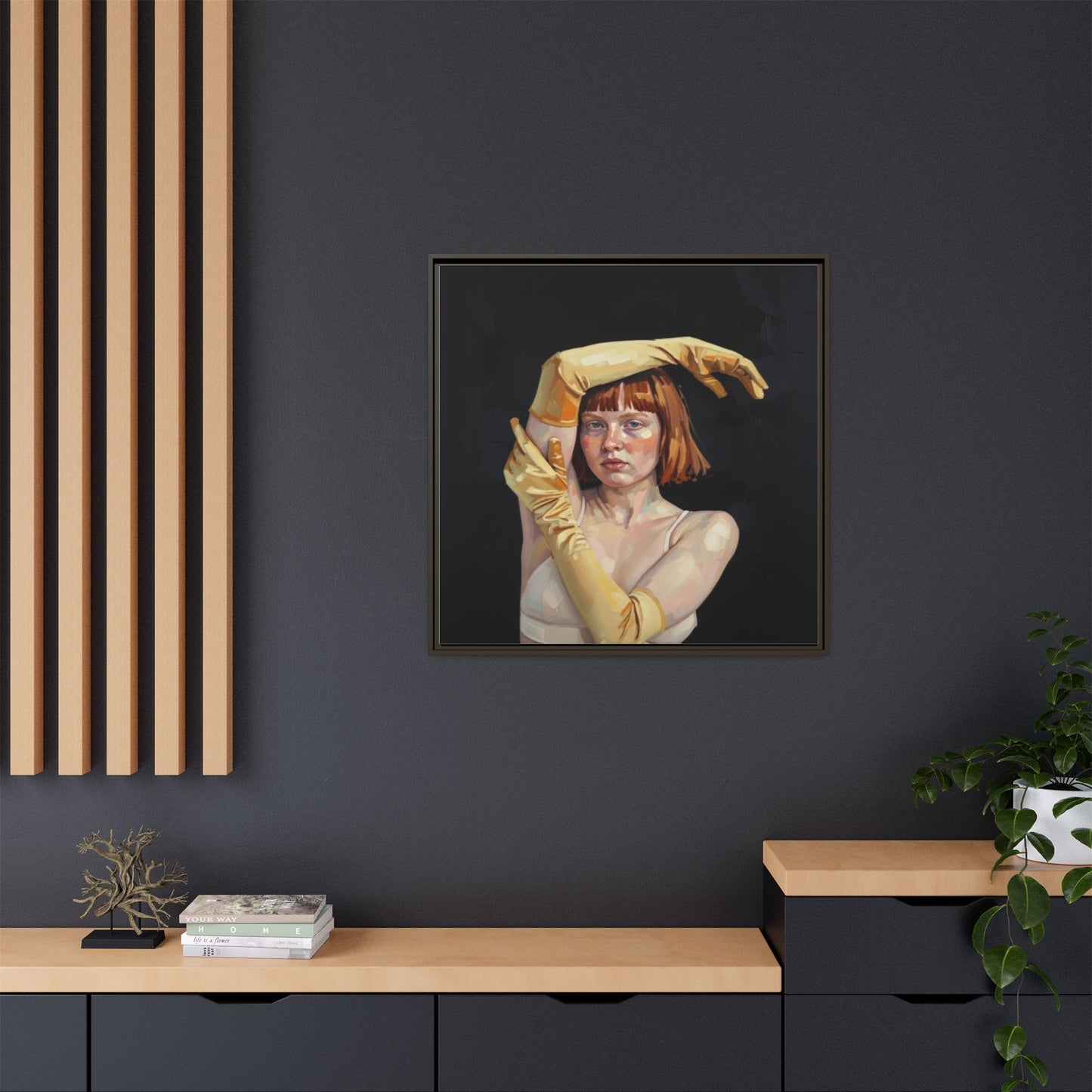 Framed Matte Canvas Art – Portrait of Woman in Yellow Gloves