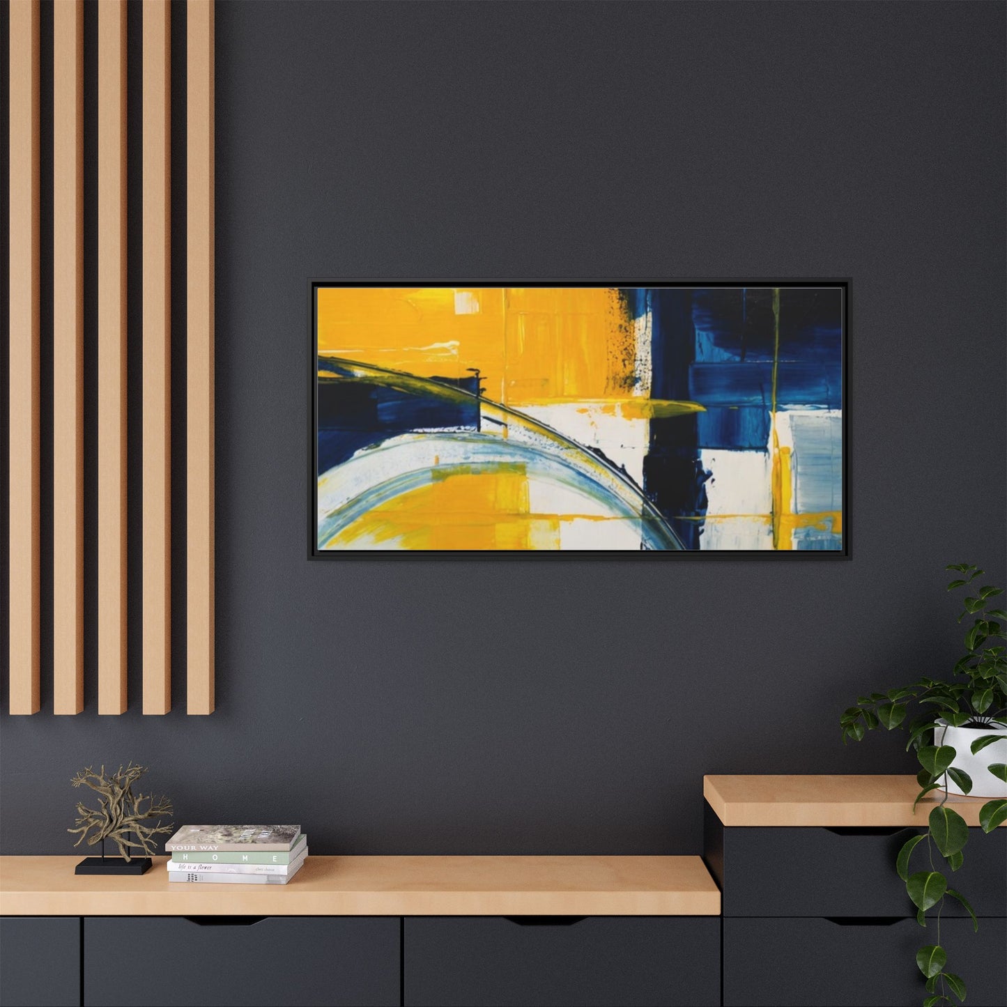 Abstract Yellow & Blue Framed Canvas Wall Art — Modern Matte Canvas Print
