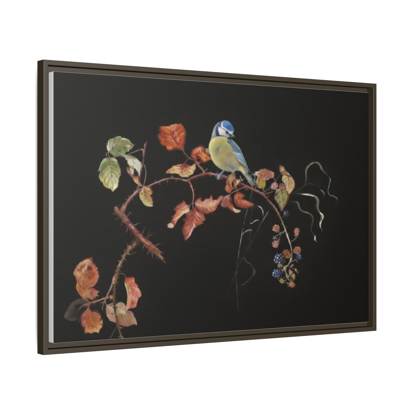 Framed Matte Canvas - Blue Tit on Autumn Branch Wall Art