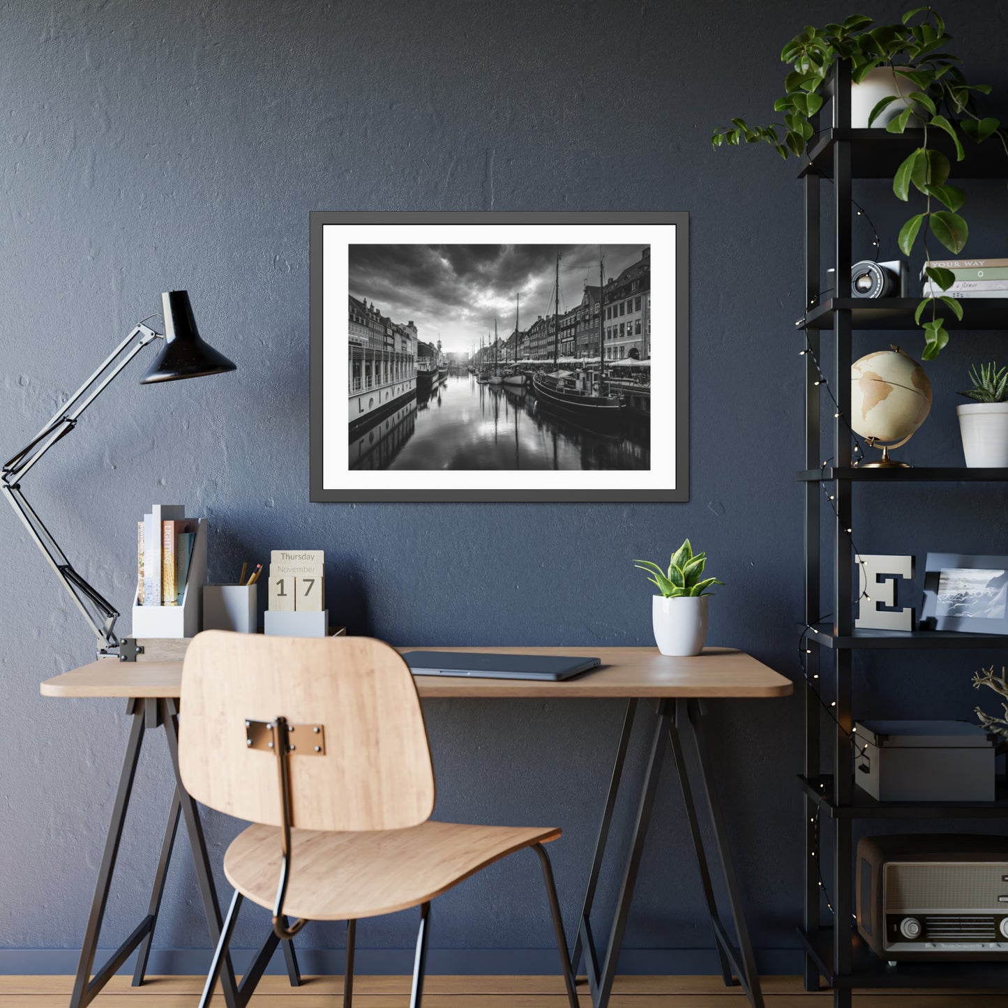 Black & White Dutch Canal Framed Photo Print — Nautical Cityscape Wall Art