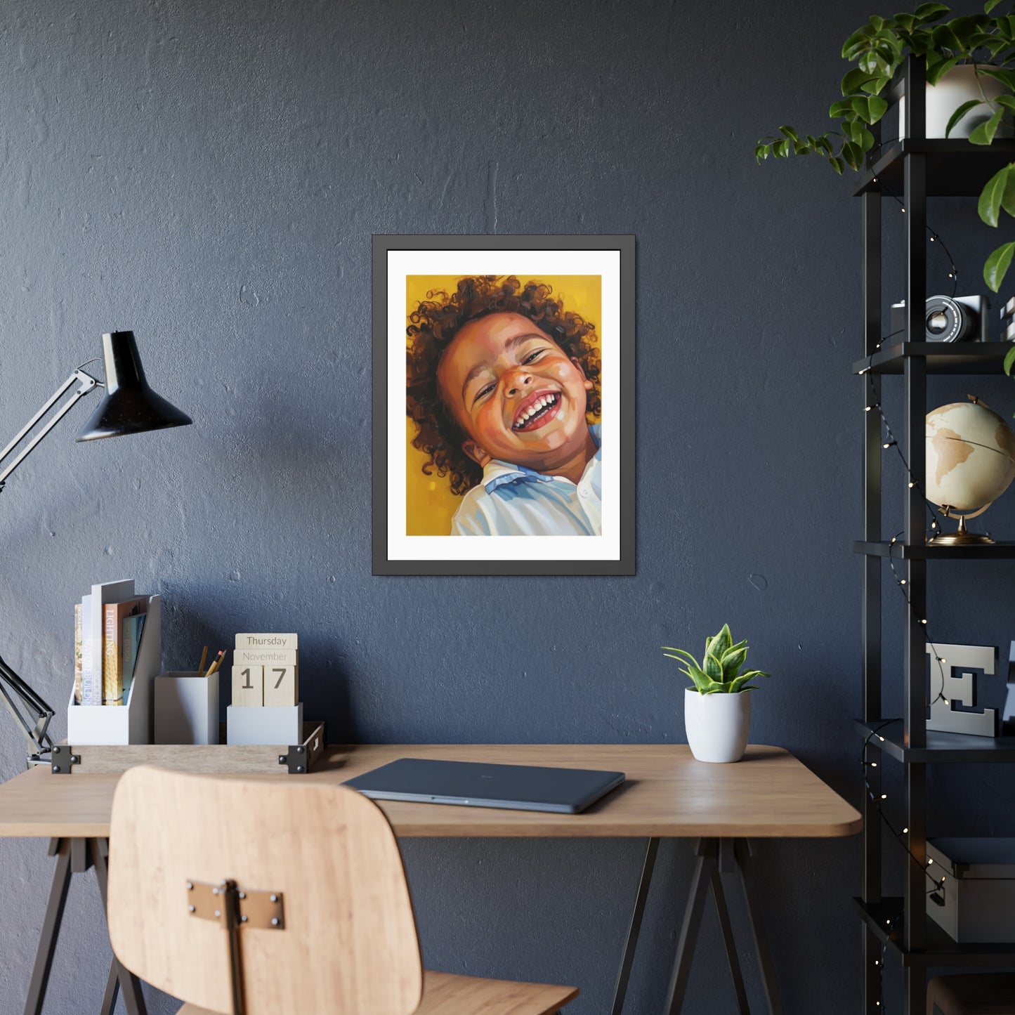 Framed Poster — Joyful Laughing Child Portrait, Colorful Nursery Wall Art