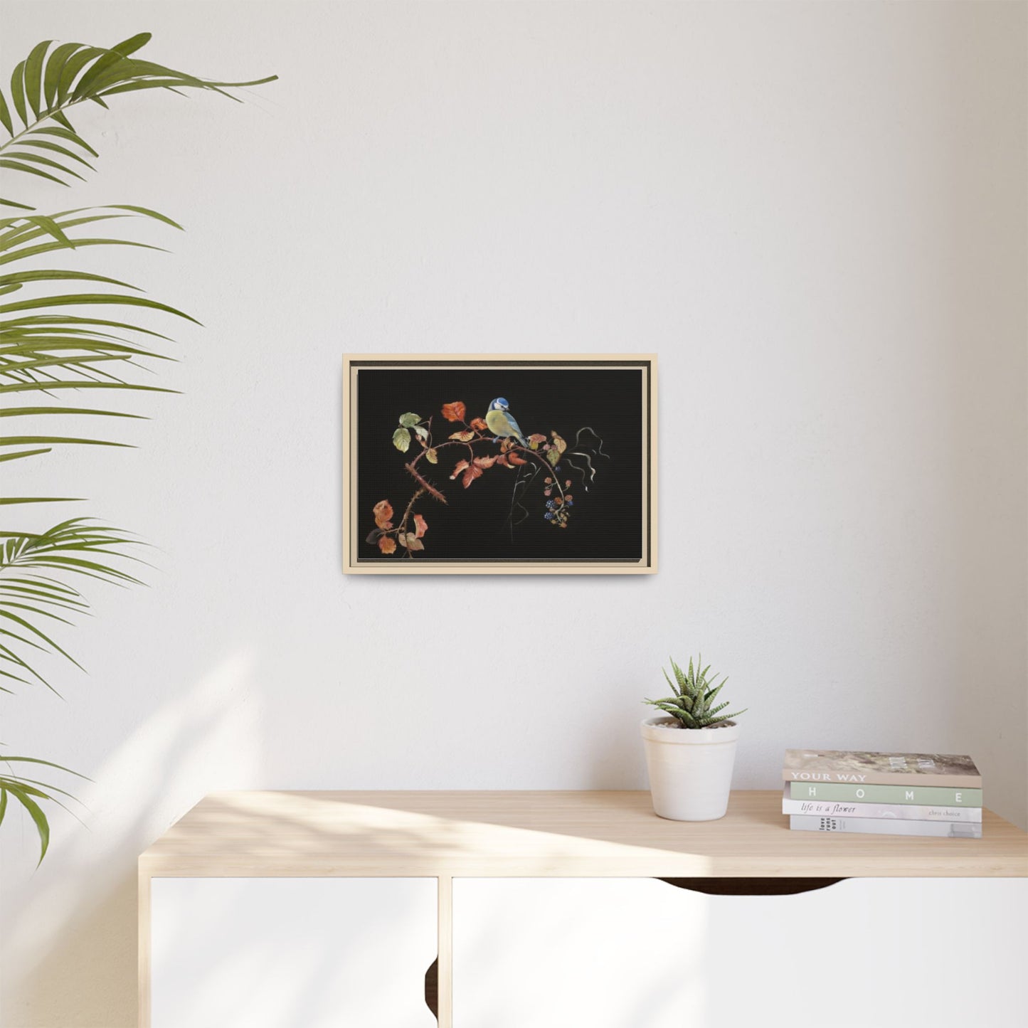 Framed Matte Canvas - Blue Tit on Autumn Branch Wall Art