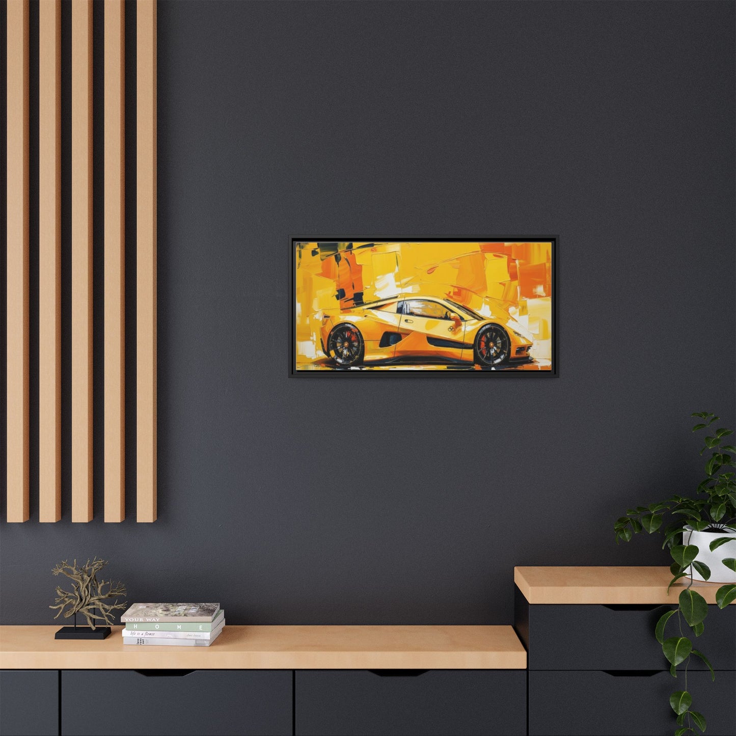 Yellow Sports Car Abstract Matte Canvas Framed Print