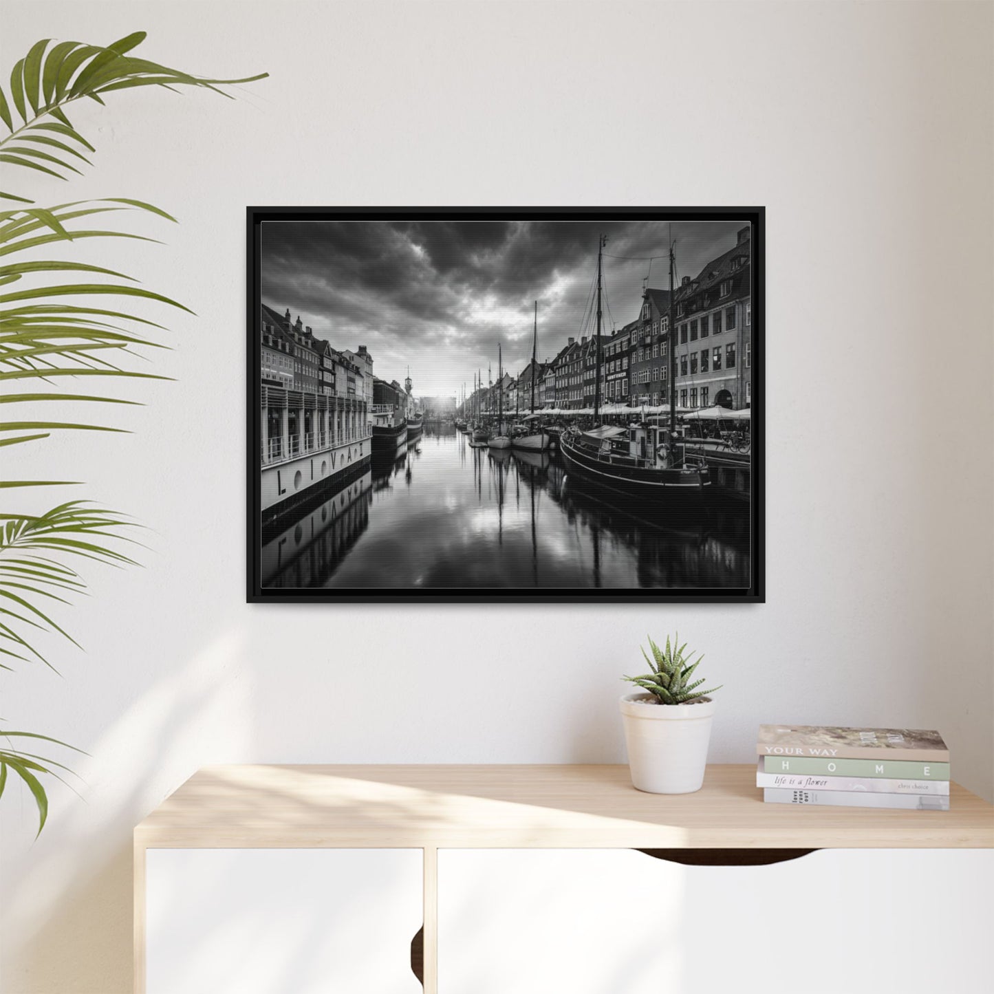 Framed Matte Canvas: Black & White Dutch Canal Photography Wall Art