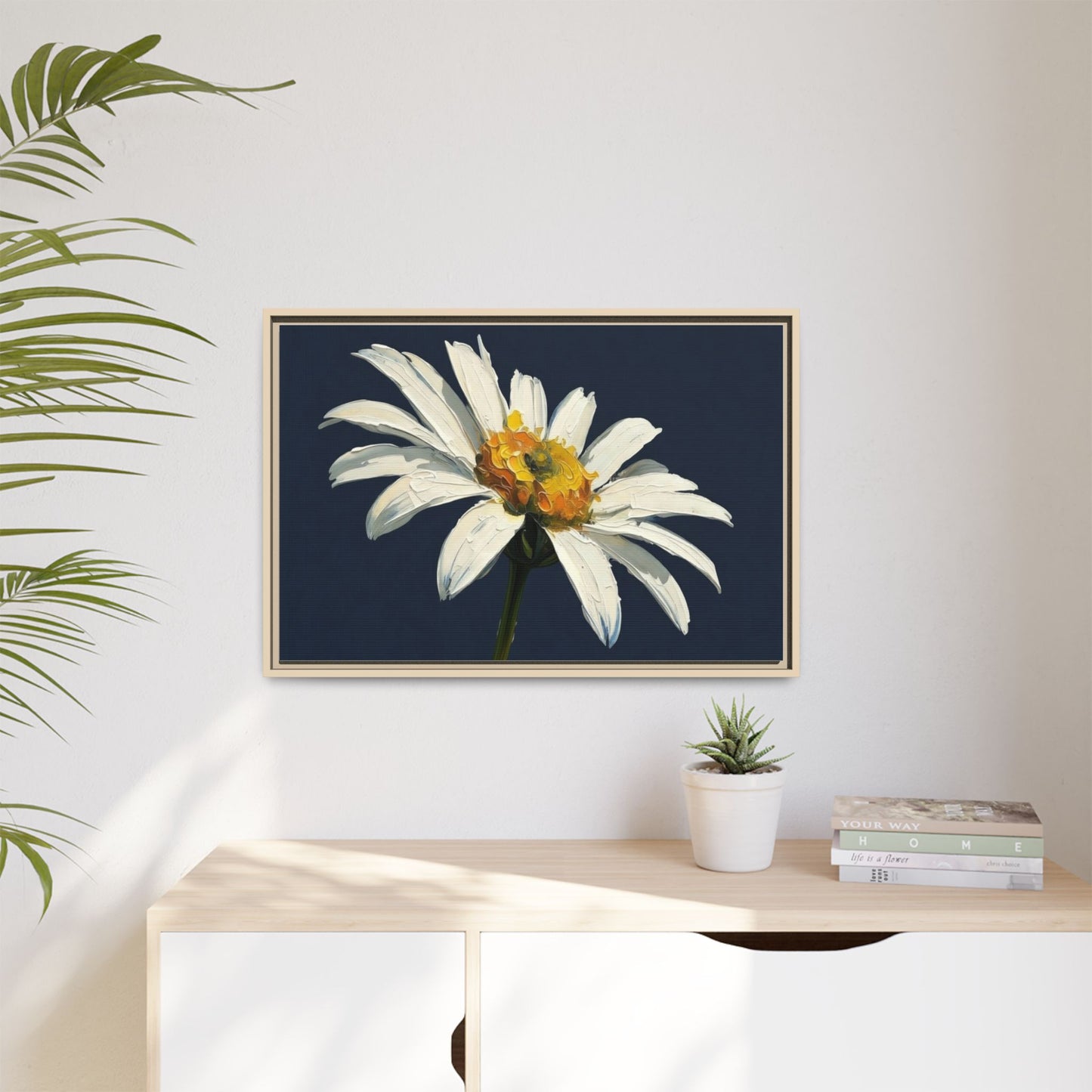 Framed Matte Canvas Daisy Wall Art — White Floral Painting on Navy