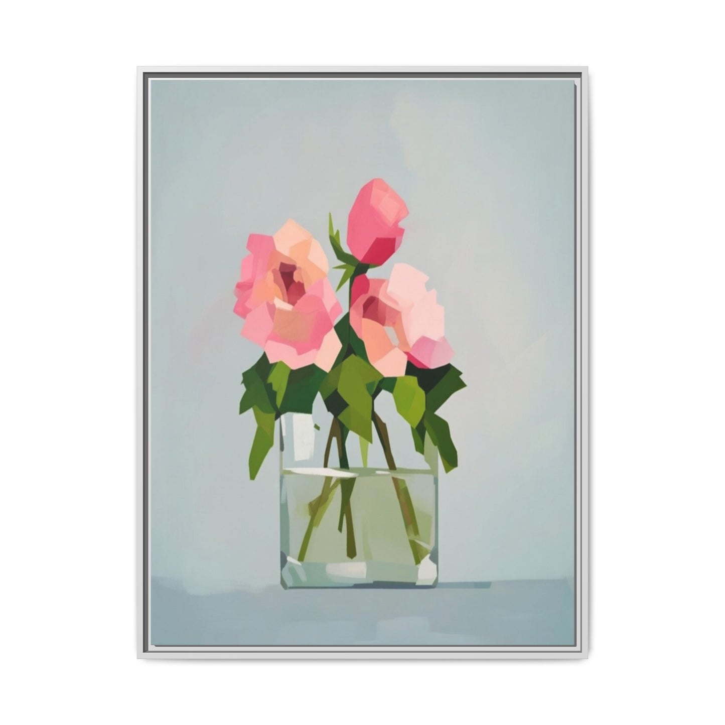Framed Floral Canvas Print — Pink Roses in Glass Vase (Matte)