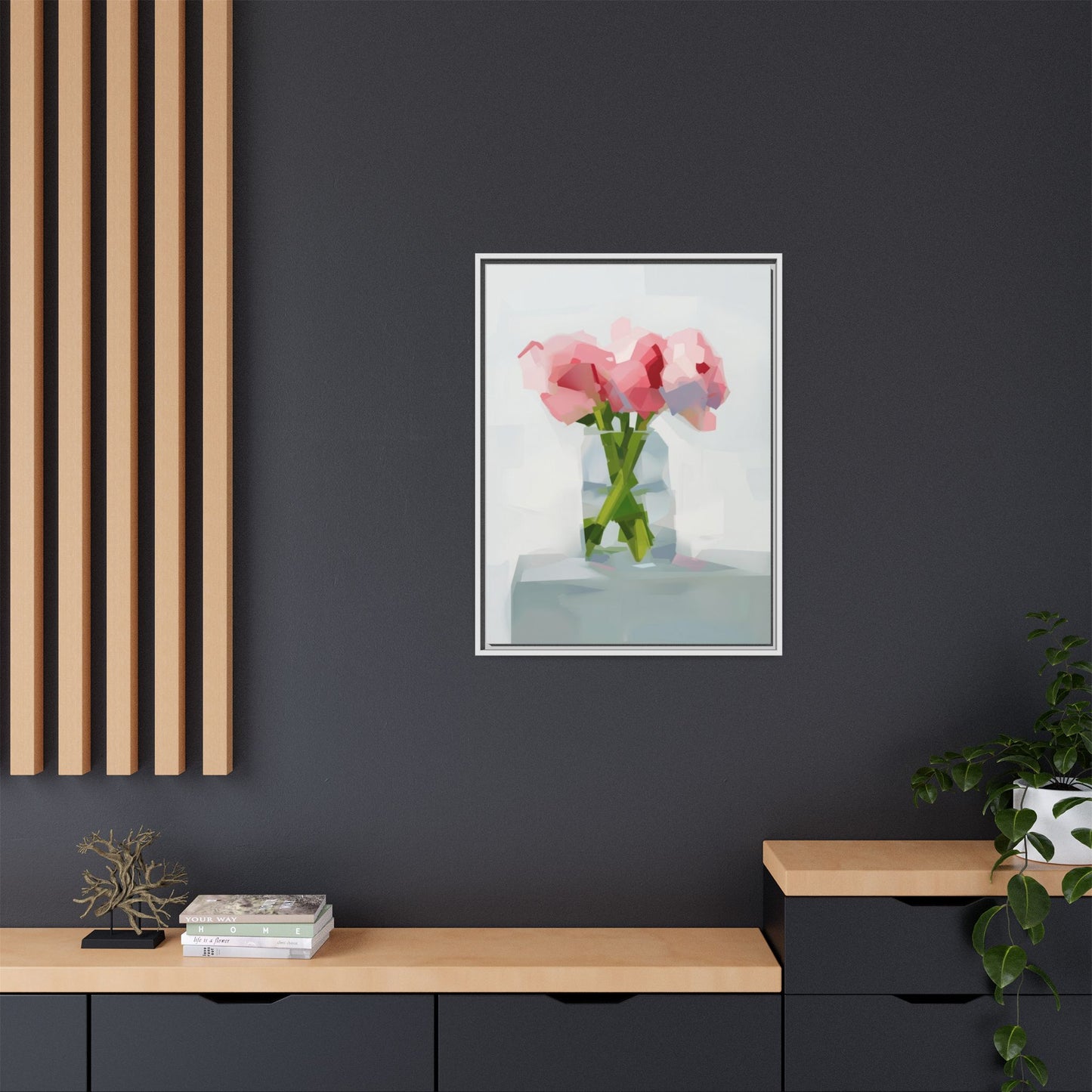 Framed Floral Canvas Art — Pink Peonies in Vase (Matte)