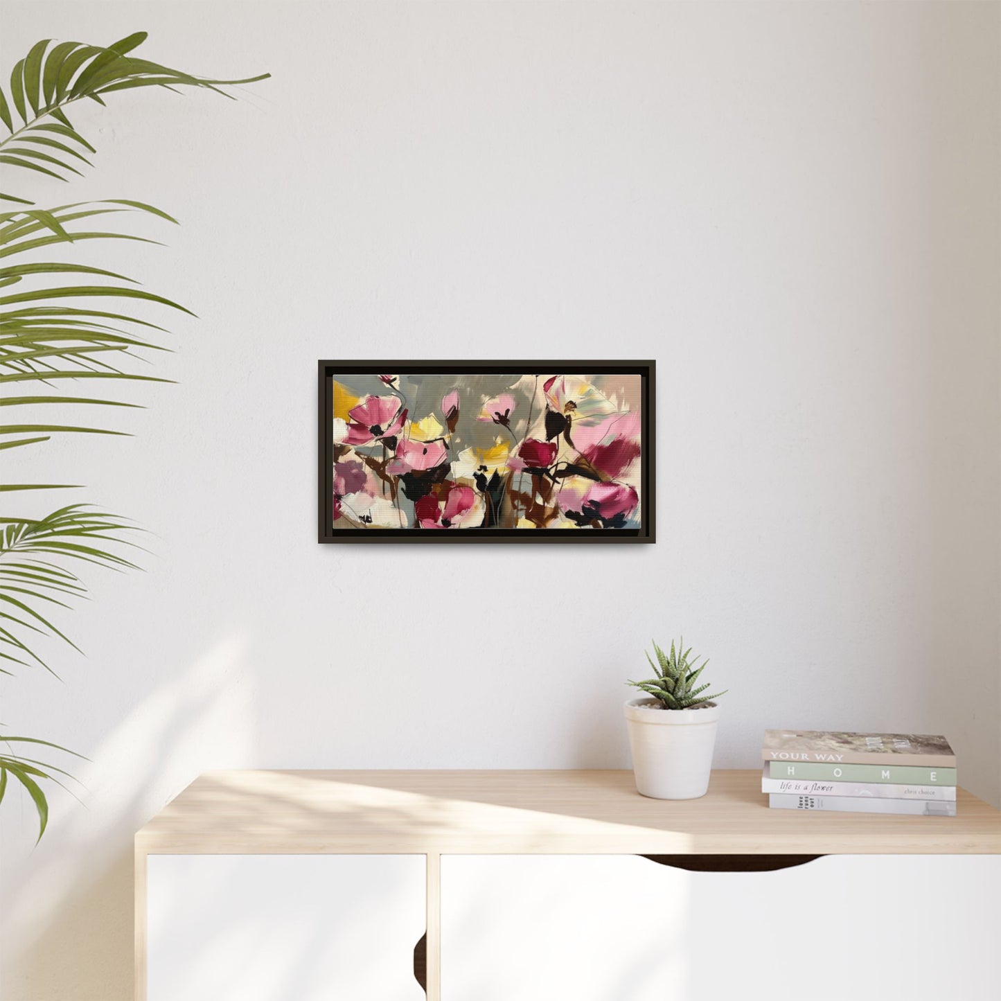 Framed Floral Canvas Wall Art — Abstract Pink & Yellow Flowers