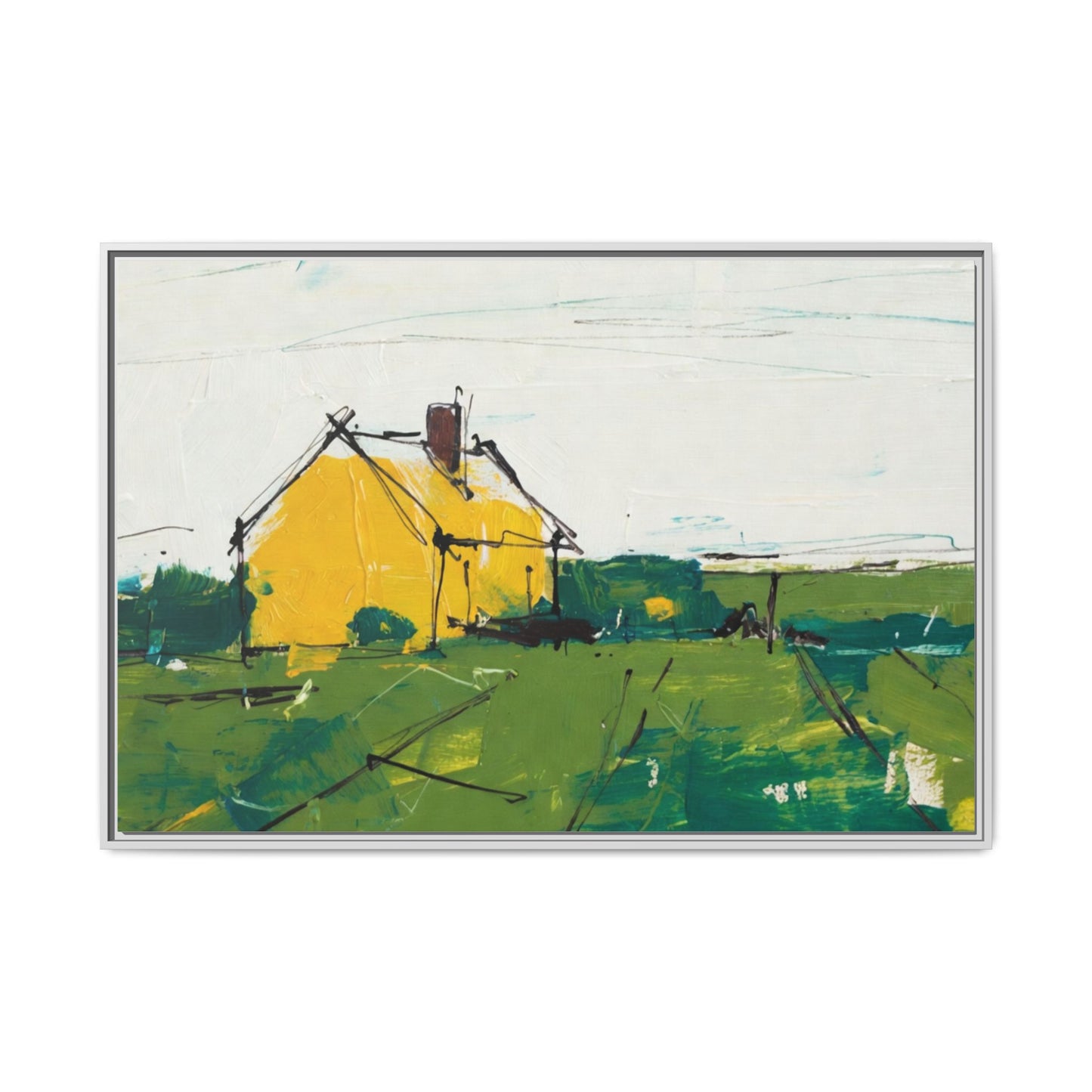 Yellow Cottage Landscape Framed Canvas Print