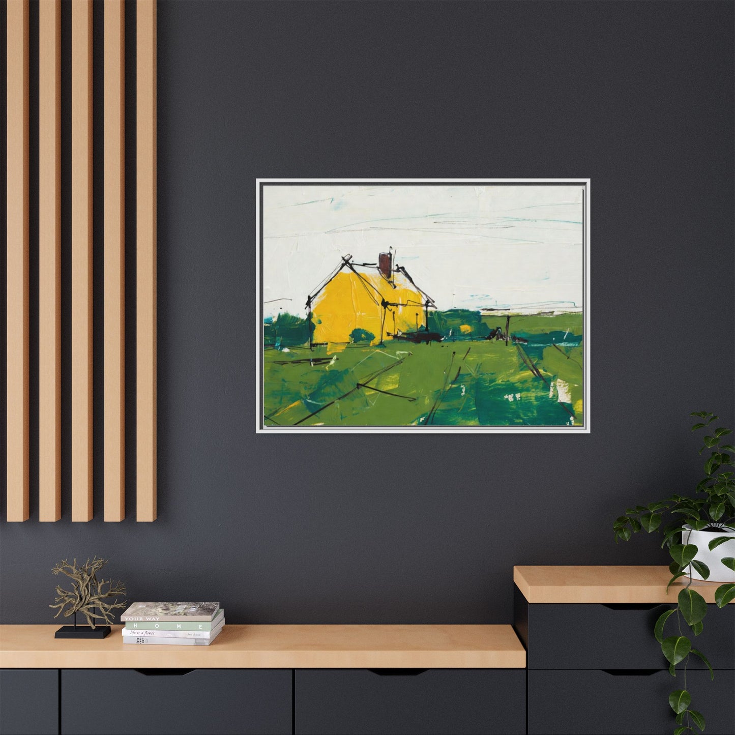 Yellow Cottage Landscape Framed Canvas Print