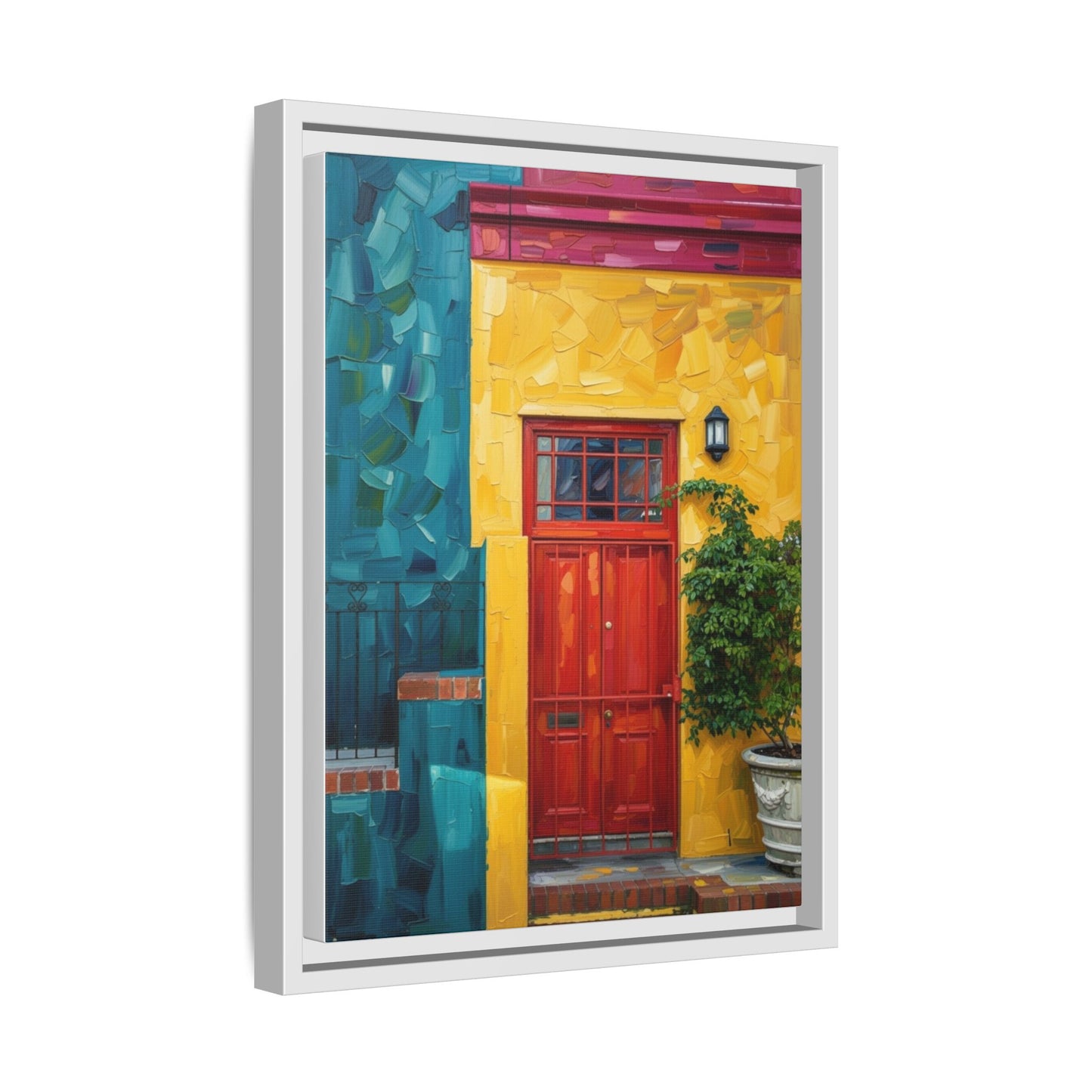 Framed Matte Canvas Wall Art — Colorful Red Door on Yellow Facade