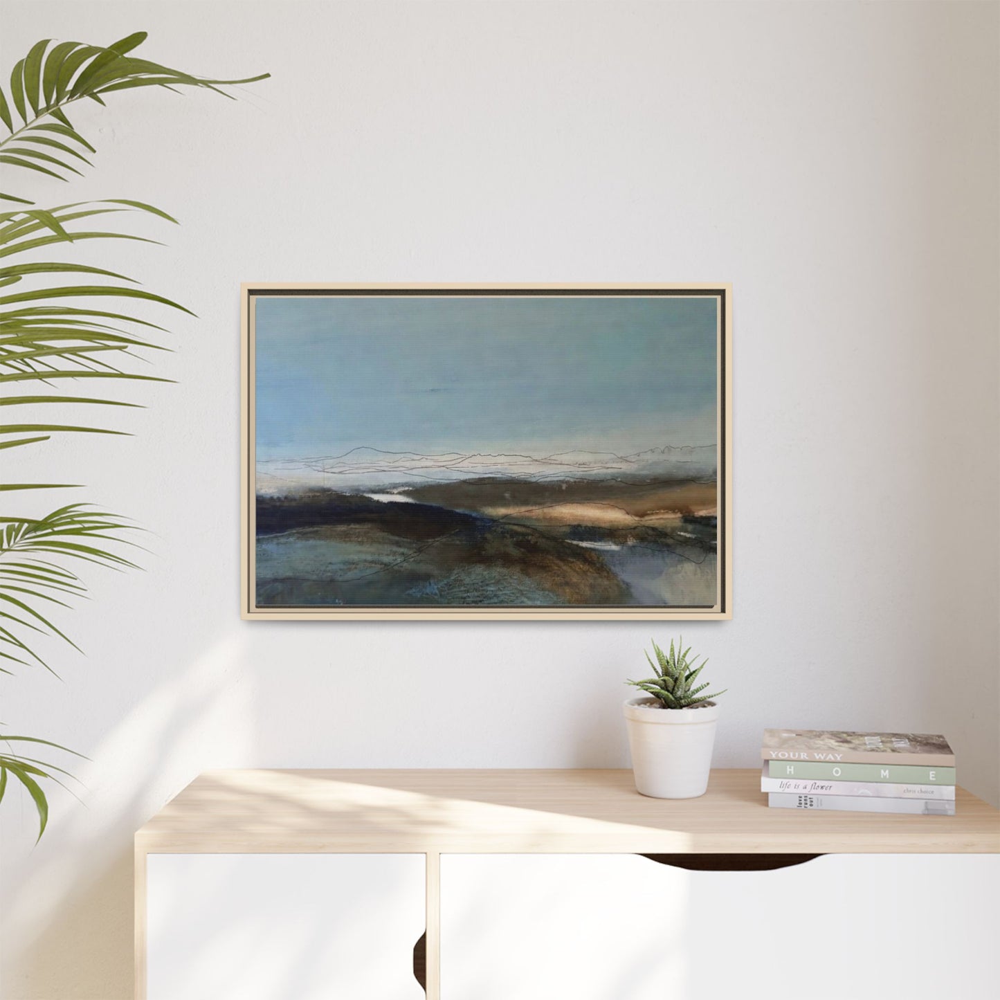 Framed Matte Canvas Wall Art — Serene Abstract Blue Landscape