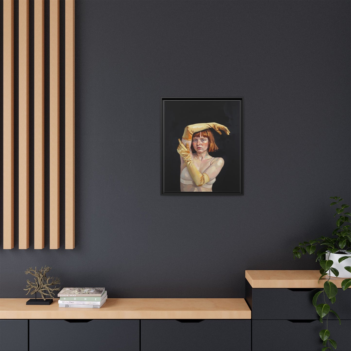 Framed Matte Canvas Art – Portrait of Woman in Yellow Gloves